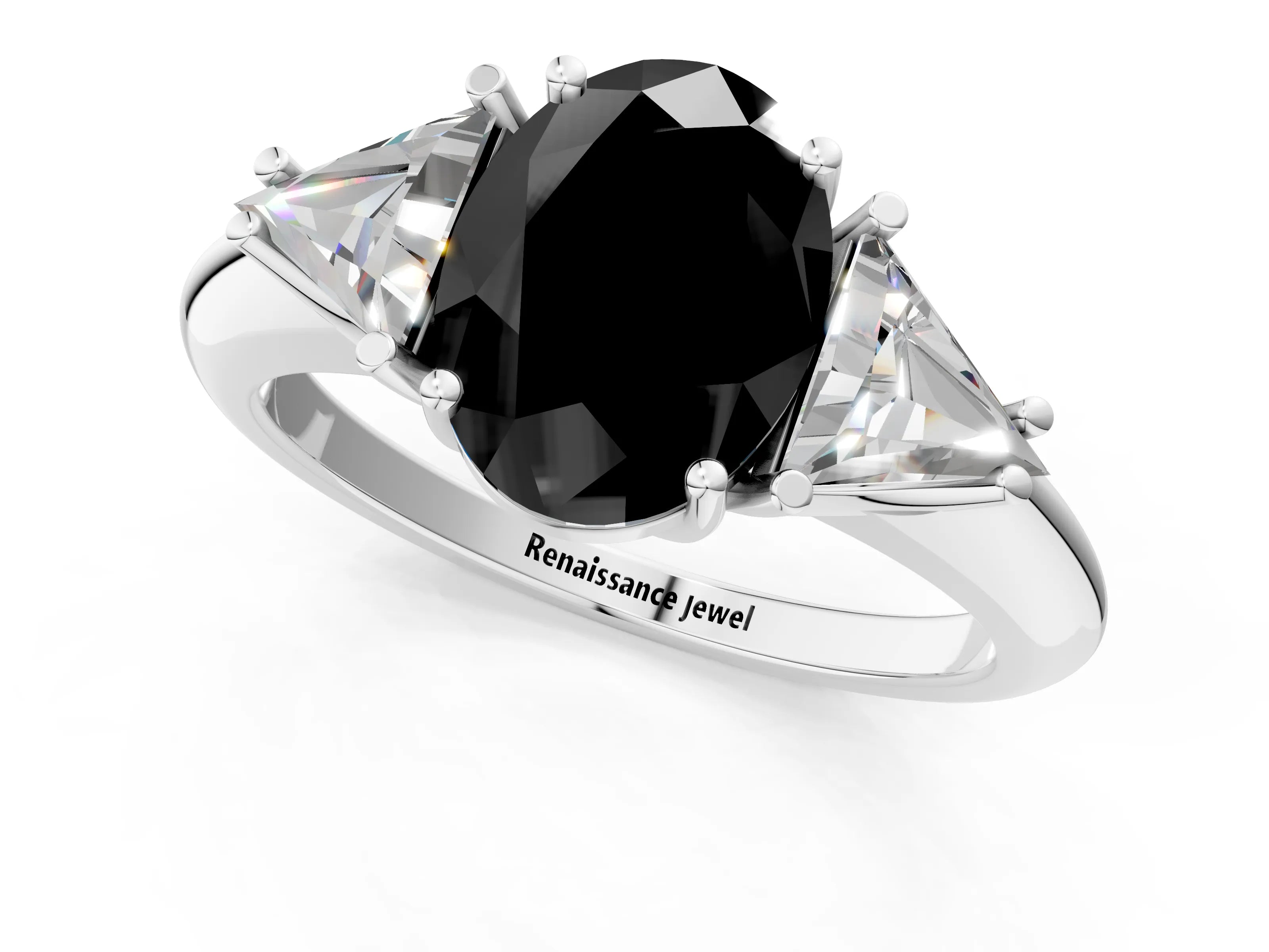 White gold Three-Stone Fancy Black Oval Cut Cut Diamond Ring with Trillion Side Stones and Four-Prong Setting_12