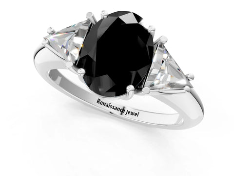 White gold Three-Stone Fancy Black Oval Cut Cut Diamond Ring with Trillion Side Stones and Four-Prong Setting_12