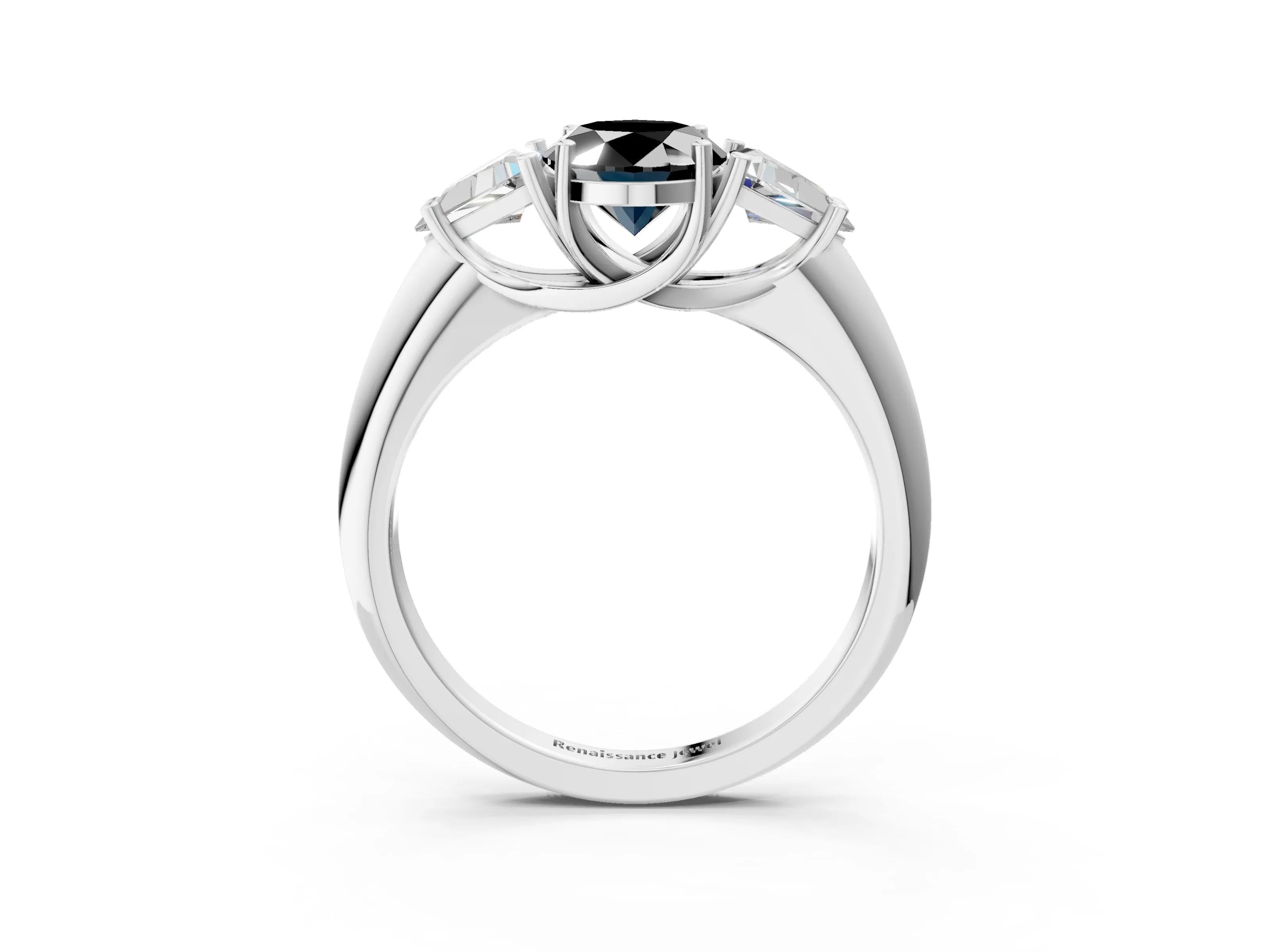 White gold Three-Stone Fancy Black Oval Cut Cut Diamond Ring with Trillion Side Stones and Four-Prong Setting_14