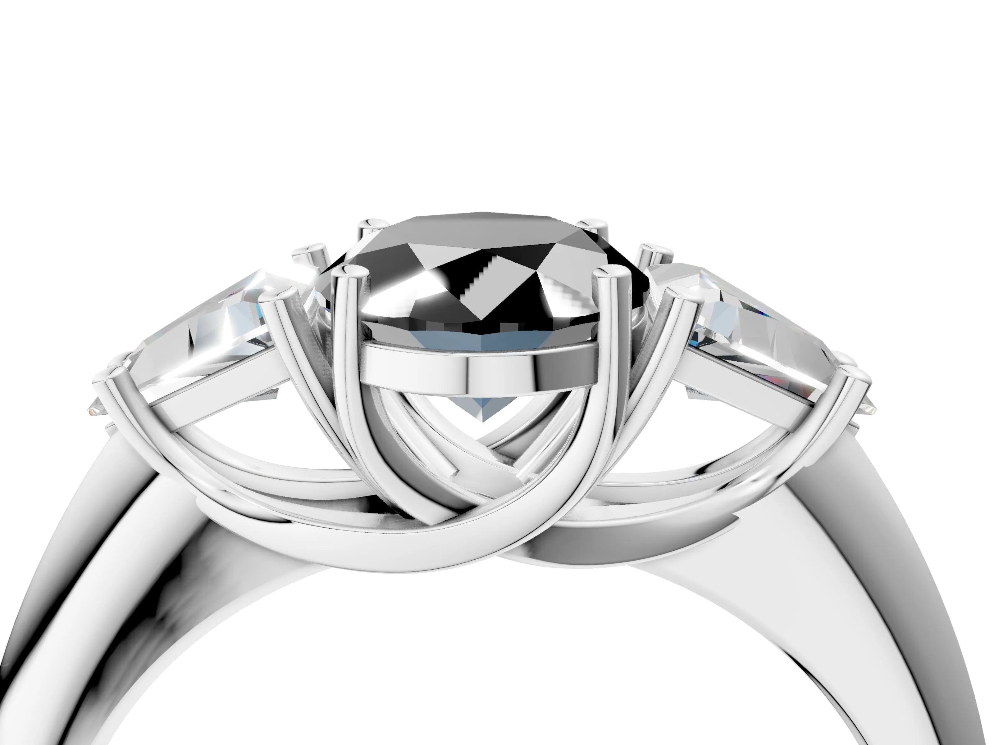 White gold Three-Stone Fancy Black Oval Cut Cut Diamond Ring with Trillion Side Stones and Four-Prong Setting_15