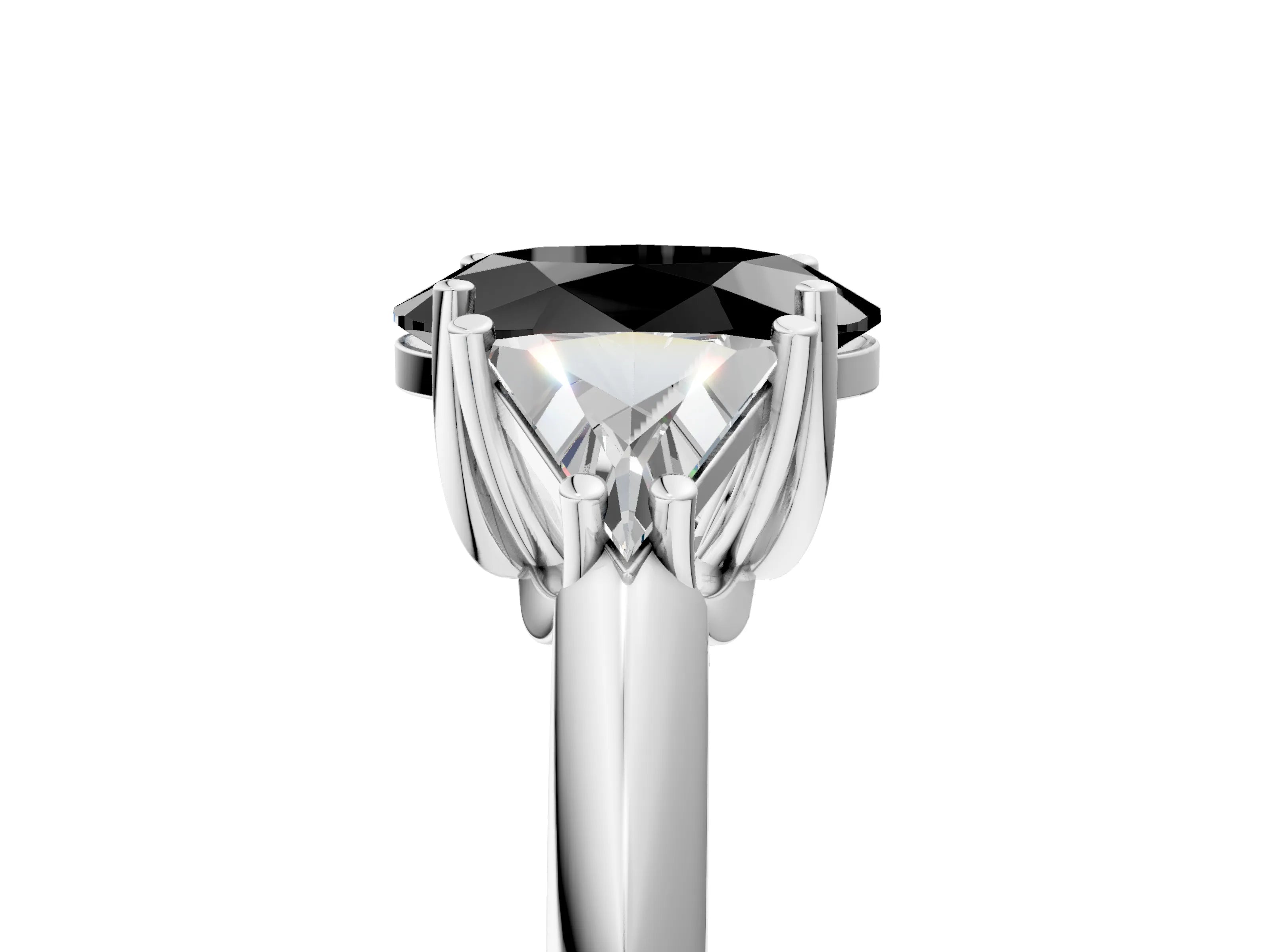 White gold Three-Stone Fancy Black Oval Cut Cut Diamond Ring with Trillion Side Stones and Four-Prong Setting_16