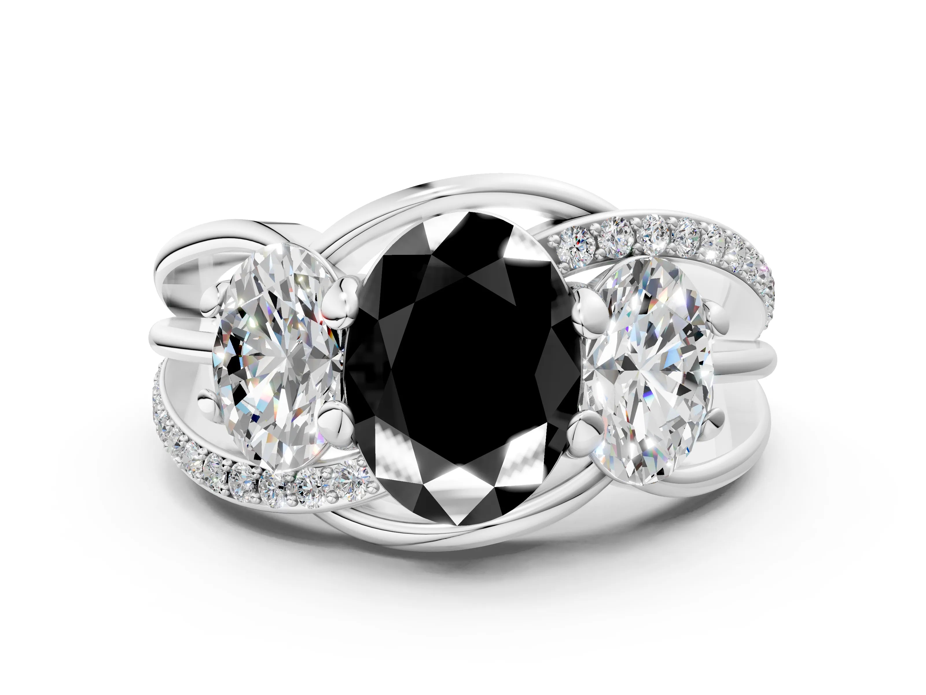 White gold Three-Stone Fancy Black Oval Cut Cut Diamond Split Shank Prong Set Ring