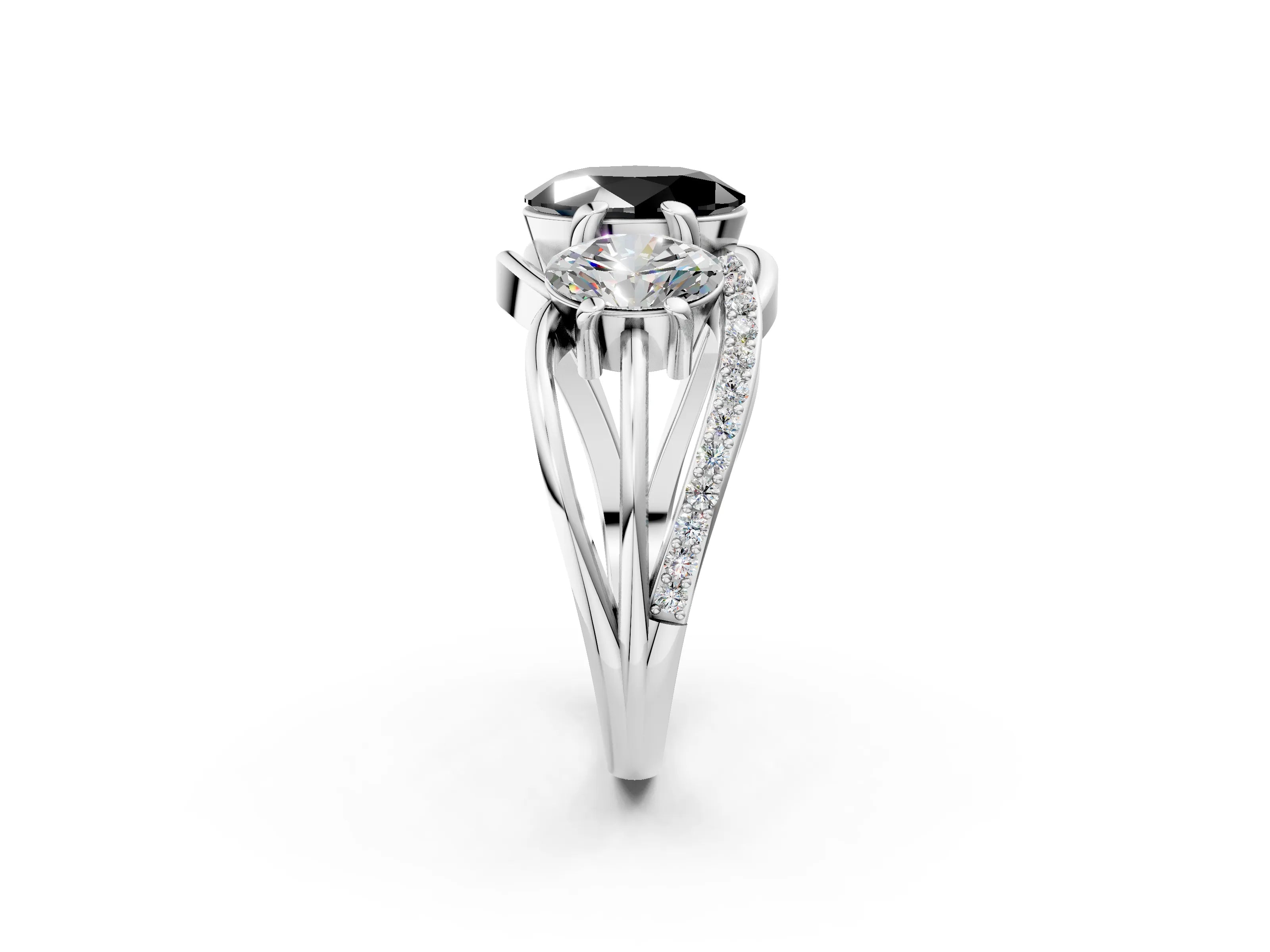 White gold Three-Stone Fancy Black Oval Cut Cut Diamond Split Shank Prong Set Ring_14