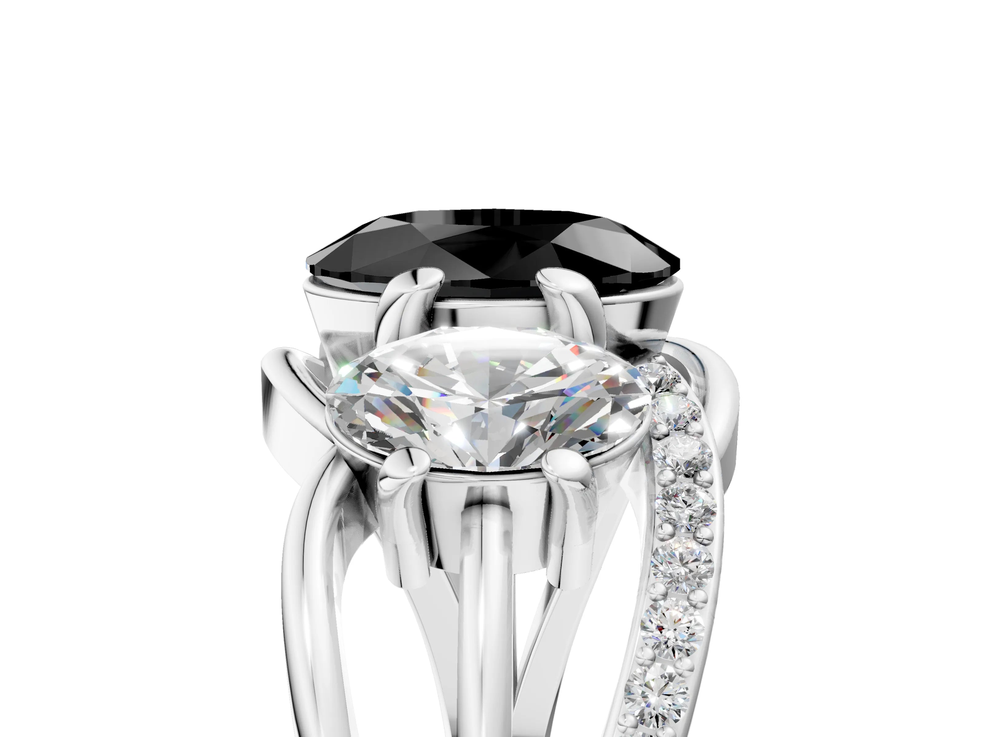 White gold Three-Stone Fancy Black Oval Cut Cut Diamond Split Shank Prong Set Ring_17