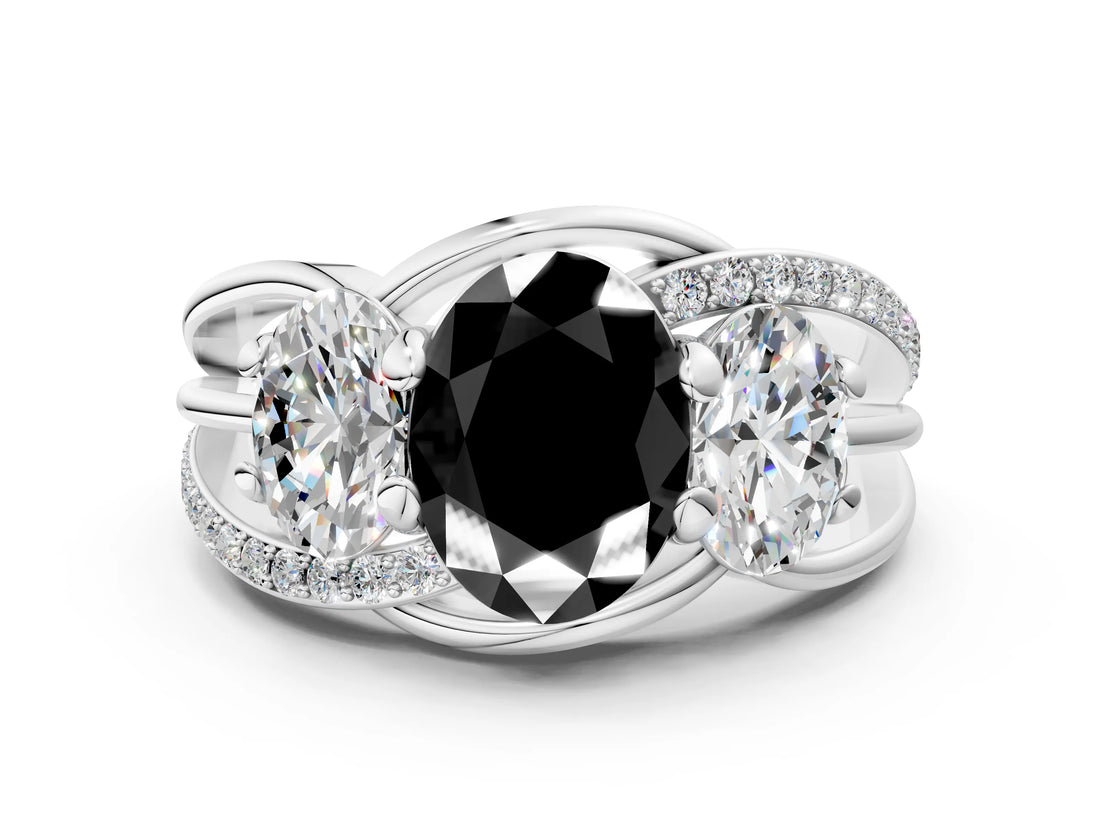 White gold Three-Stone Fancy Black Oval Cut Cut Diamond Split Shank Prong Set Ring_18