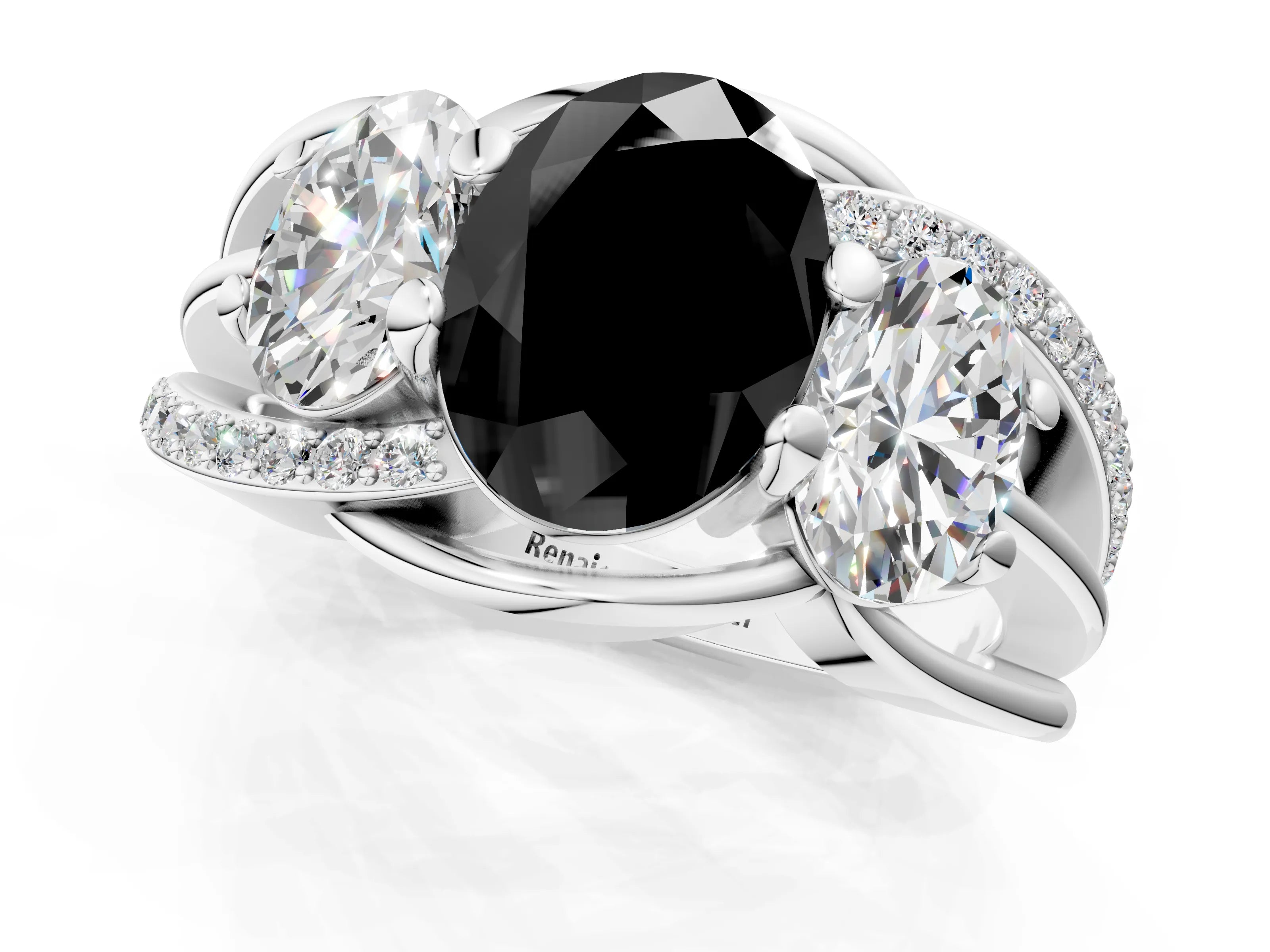 White gold Three-Stone Fancy Black Oval Cut Cut Diamond Split Shank Prong Set Ring_19