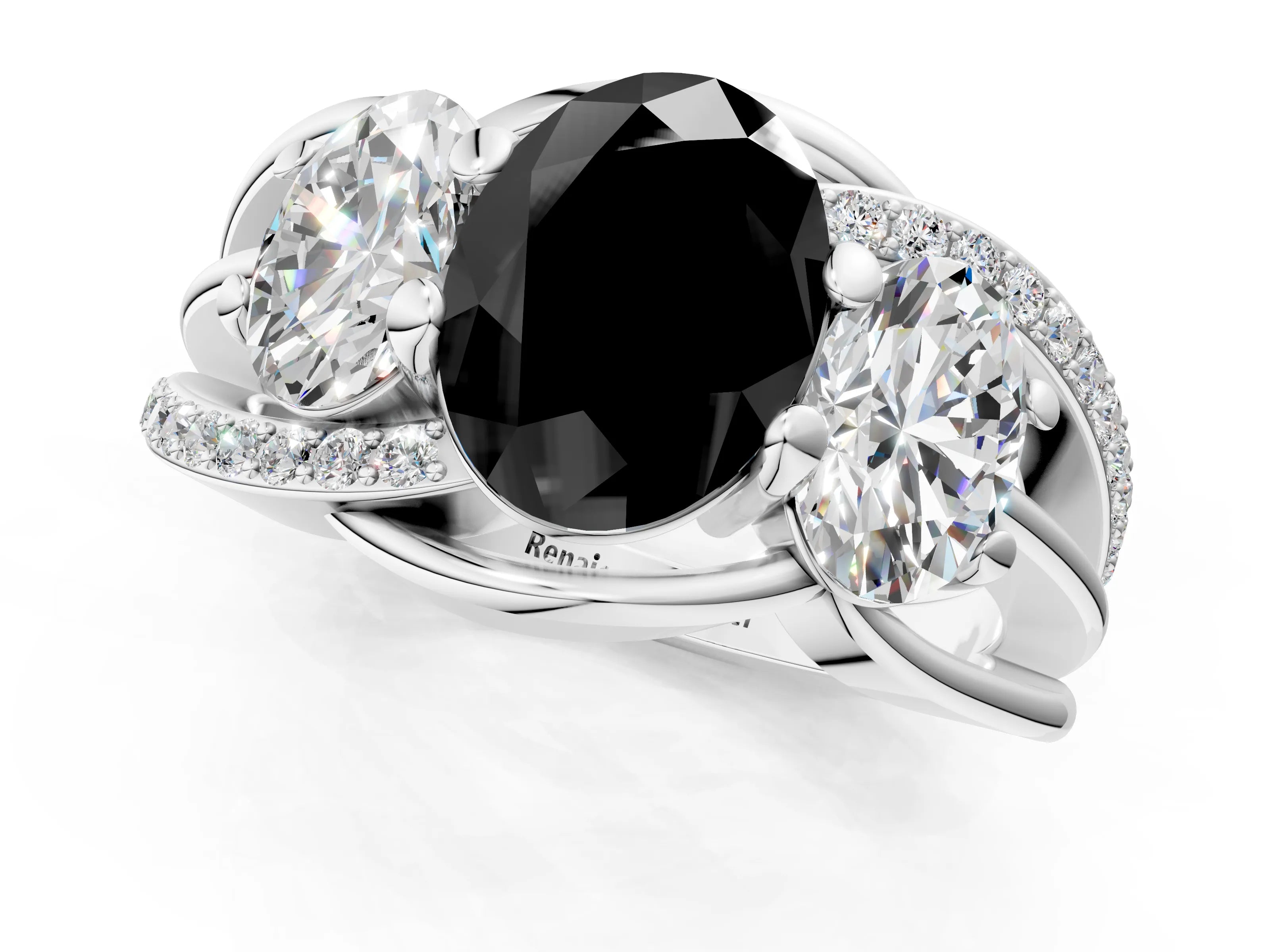 White gold Three-Stone Fancy Black Oval Cut Cut Diamond Split Shank Prong Set Ring_1