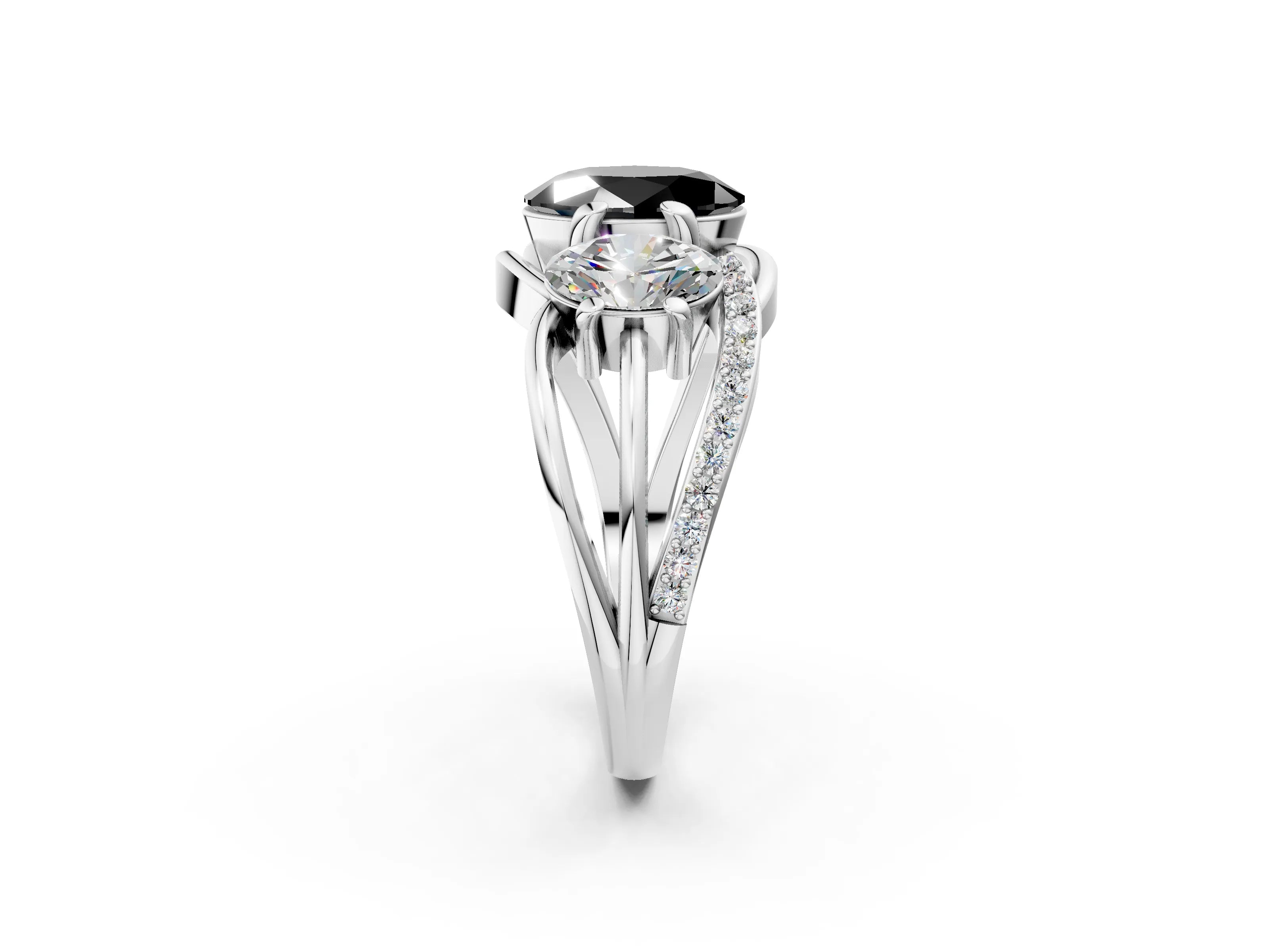 White gold Three-Stone Fancy Black Oval Cut Cut Diamond Split Shank Prong Set Ring_20