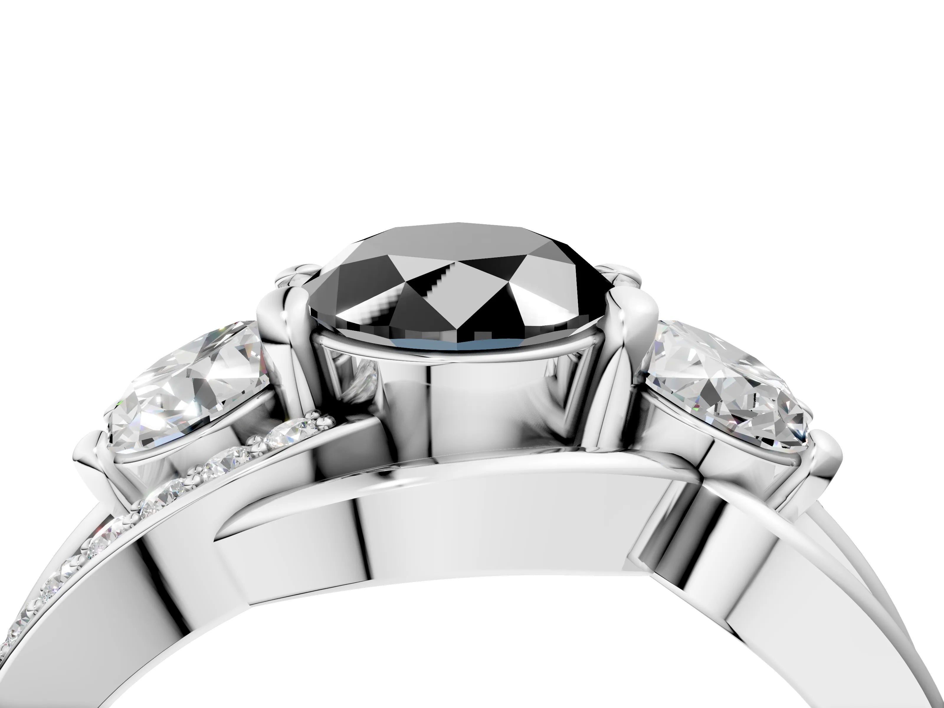 White gold Three-Stone Fancy Black Oval Cut Cut Diamond Split Shank Prong Set Ring_22