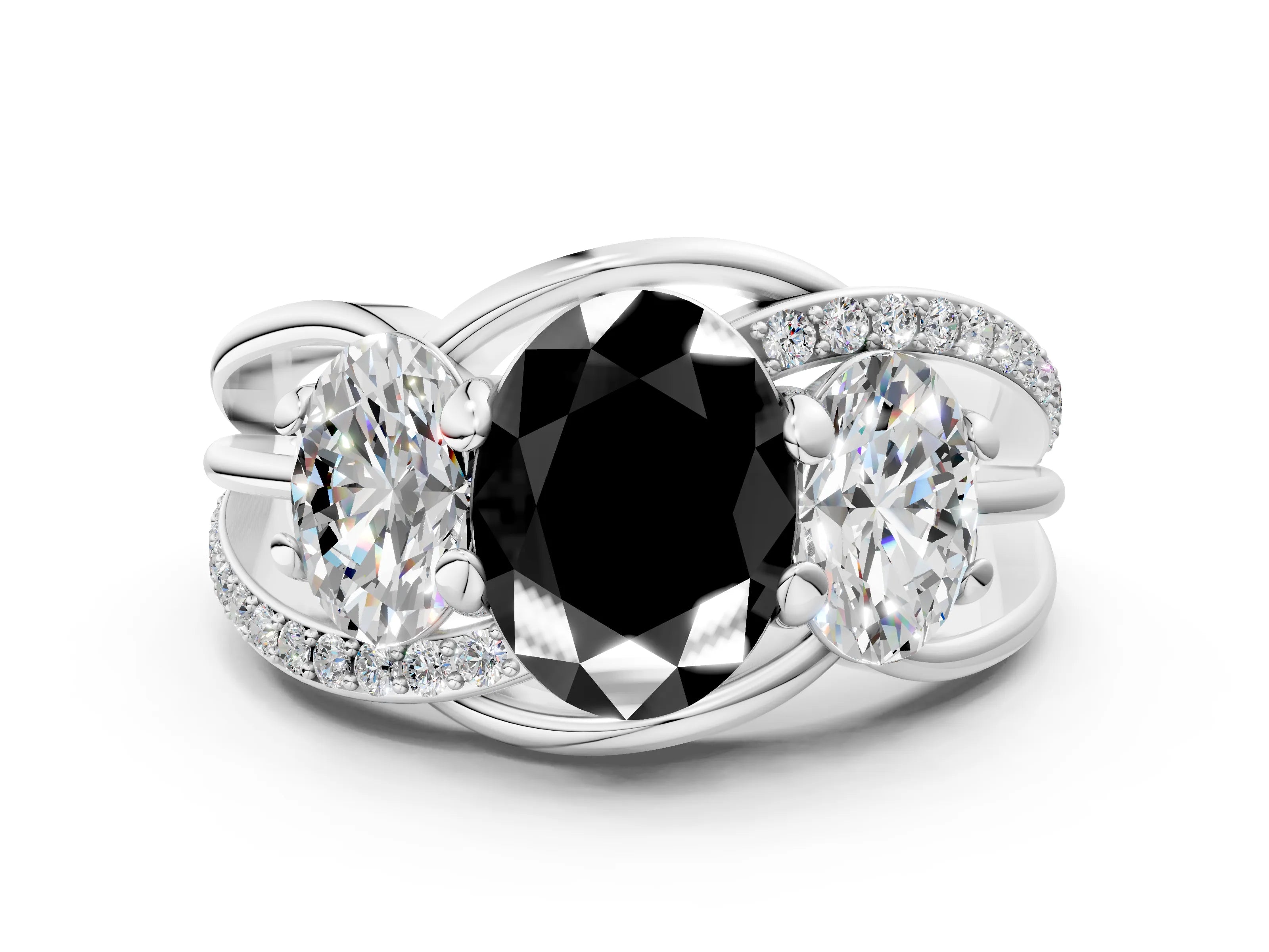 White gold Three-Stone Fancy Black Oval Cut Cut Diamond Split Shank Prong Set Ring_23