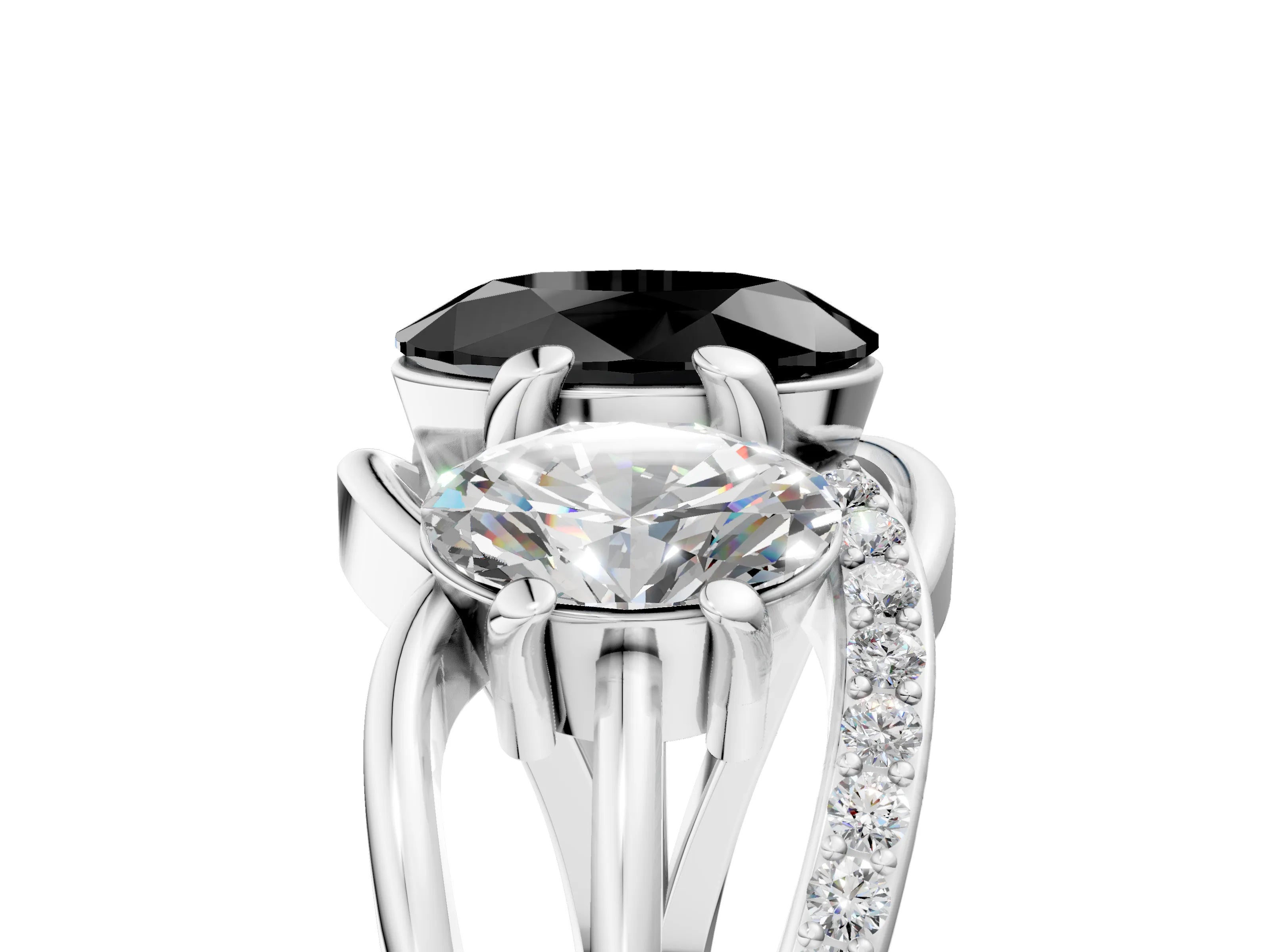 White gold Three-Stone Fancy Black Oval Cut Cut Diamond Split Shank Prong Set Ring_23