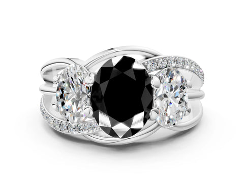 White gold Three-Stone Fancy Black Oval Cut Cut Diamond Split Shank Prong Set Ring_23