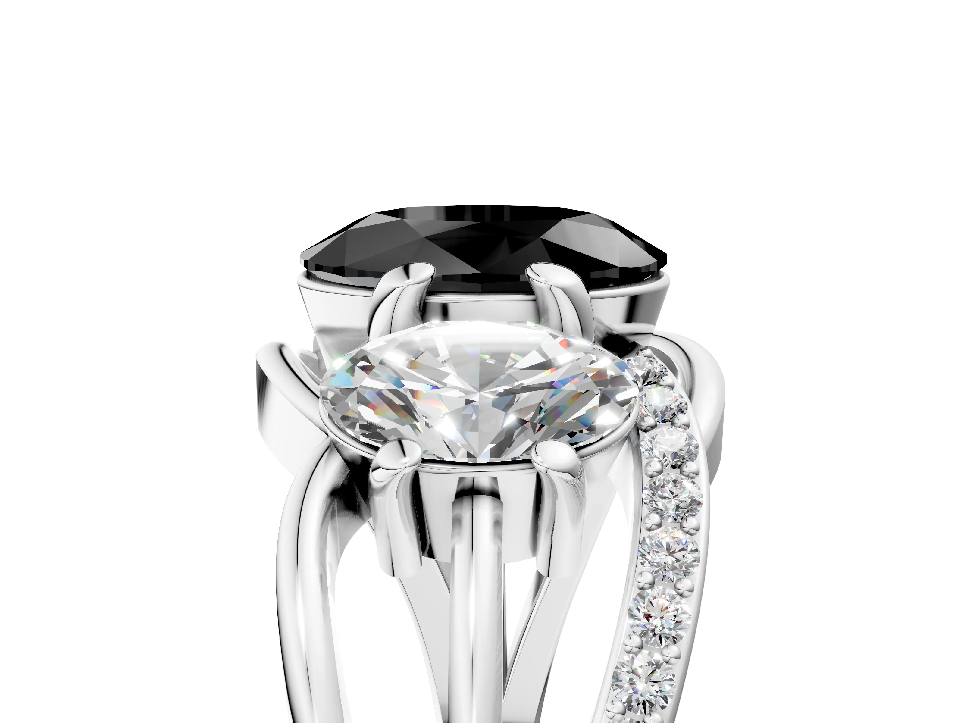 White gold Three-Stone Fancy Black Oval Cut Cut Diamond Split Shank Prong Set Ring_5