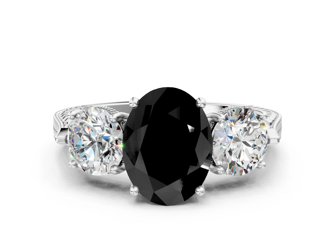 White gold Three-Stone Fancy Black Oval Cut Cut Milgrain Band Prong Setting Ring