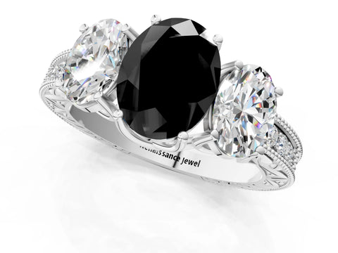 White gold Three-Stone Fancy Black Oval Cut Cut Milgrain Pavé Engagement Ring_1