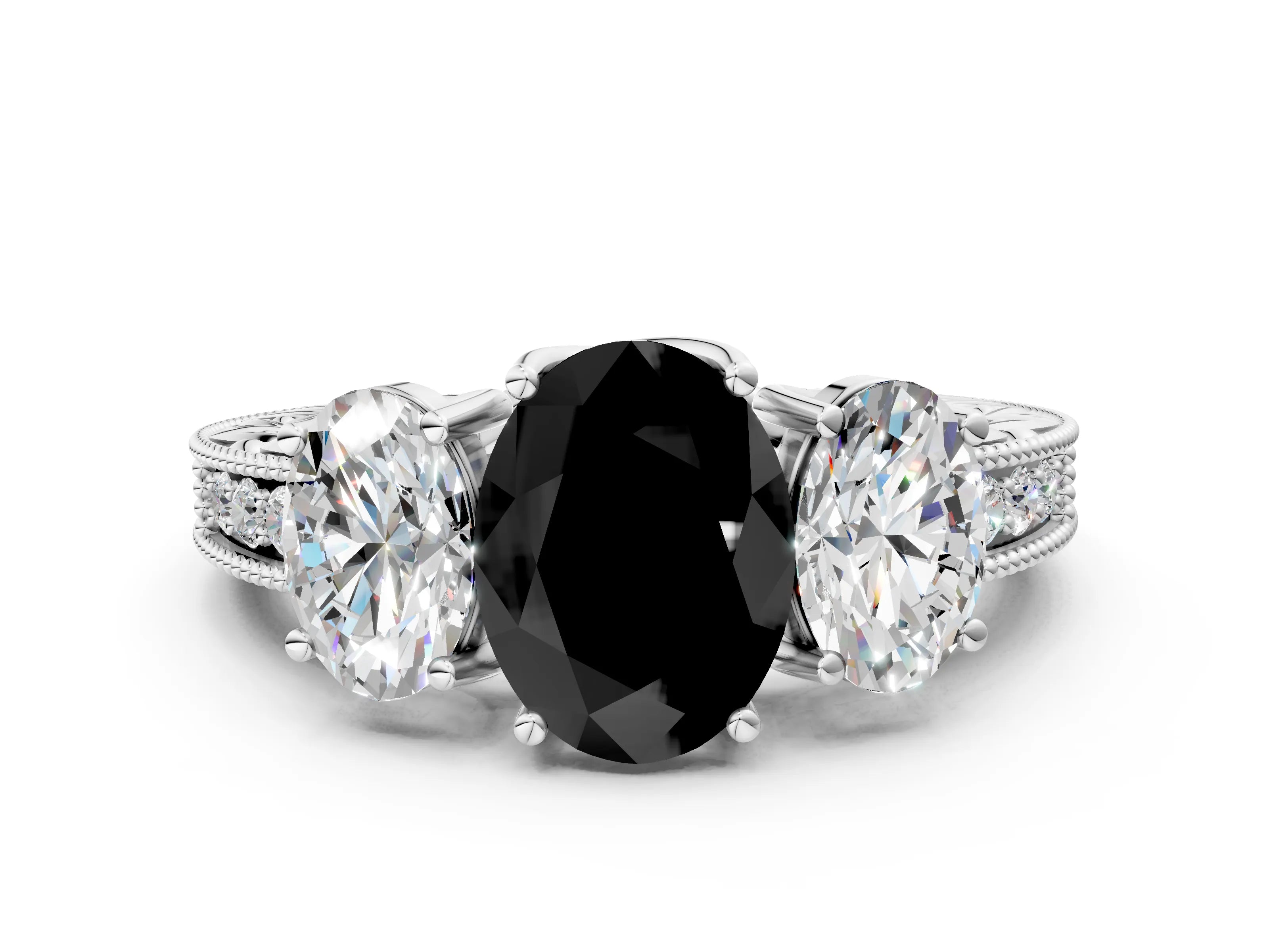 White gold Three-Stone Fancy Black Oval Cut Cut Milgrain Pavé Engagement Ring_24