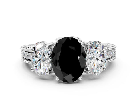 White gold Three-Stone Fancy Black Oval Cut Cut Milgrain Pavé Engagement Ring_24