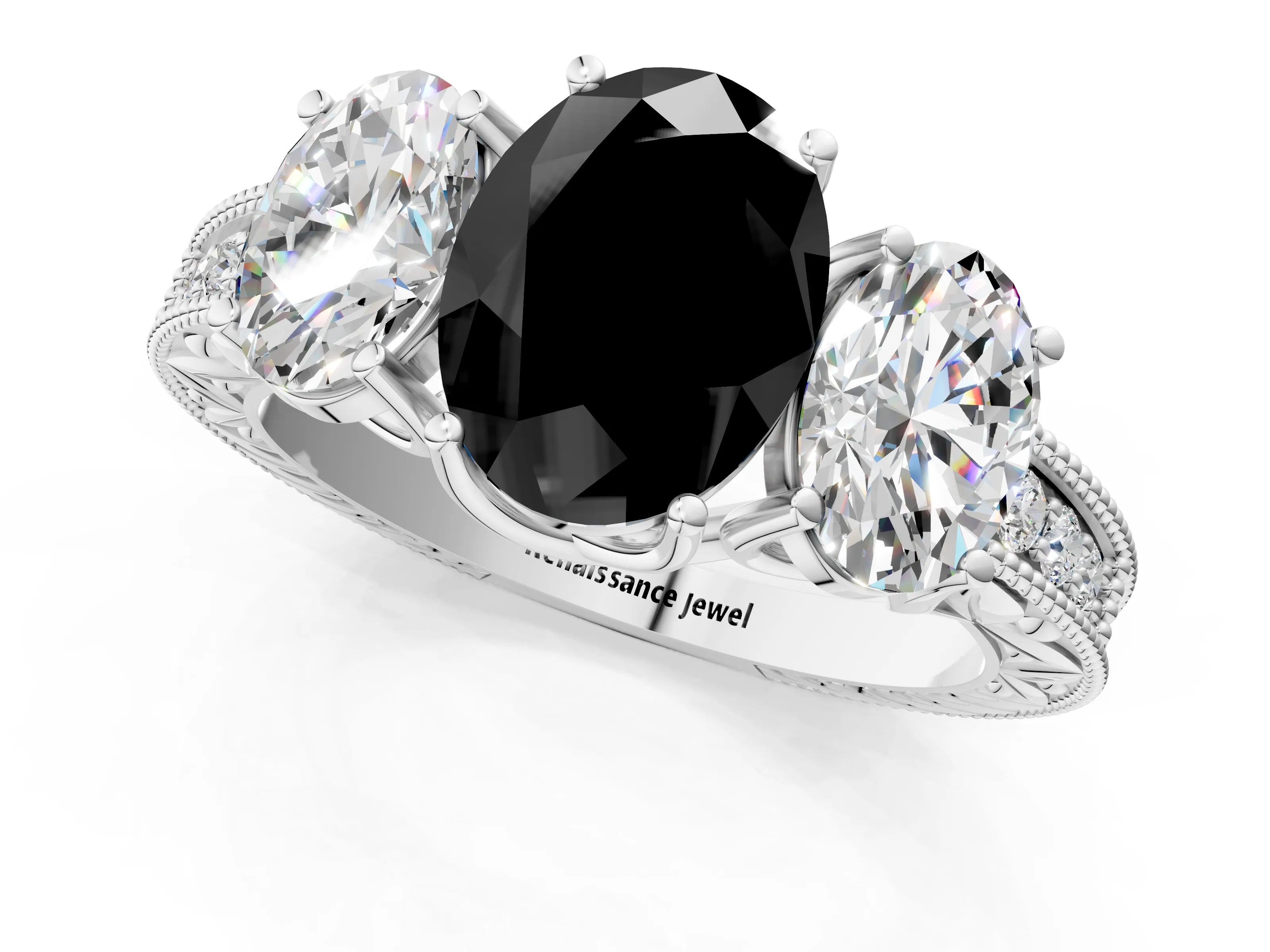 White gold Three-Stone Fancy Black Oval Cut Cut Milgrain Pavé Engagement Ring_25