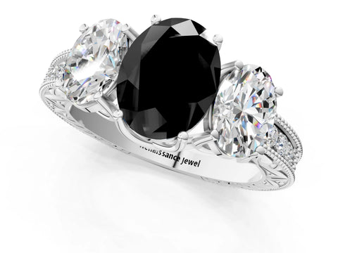 White gold Three-Stone Fancy Black Oval Cut Cut Milgrain Pavé Engagement Ring_25