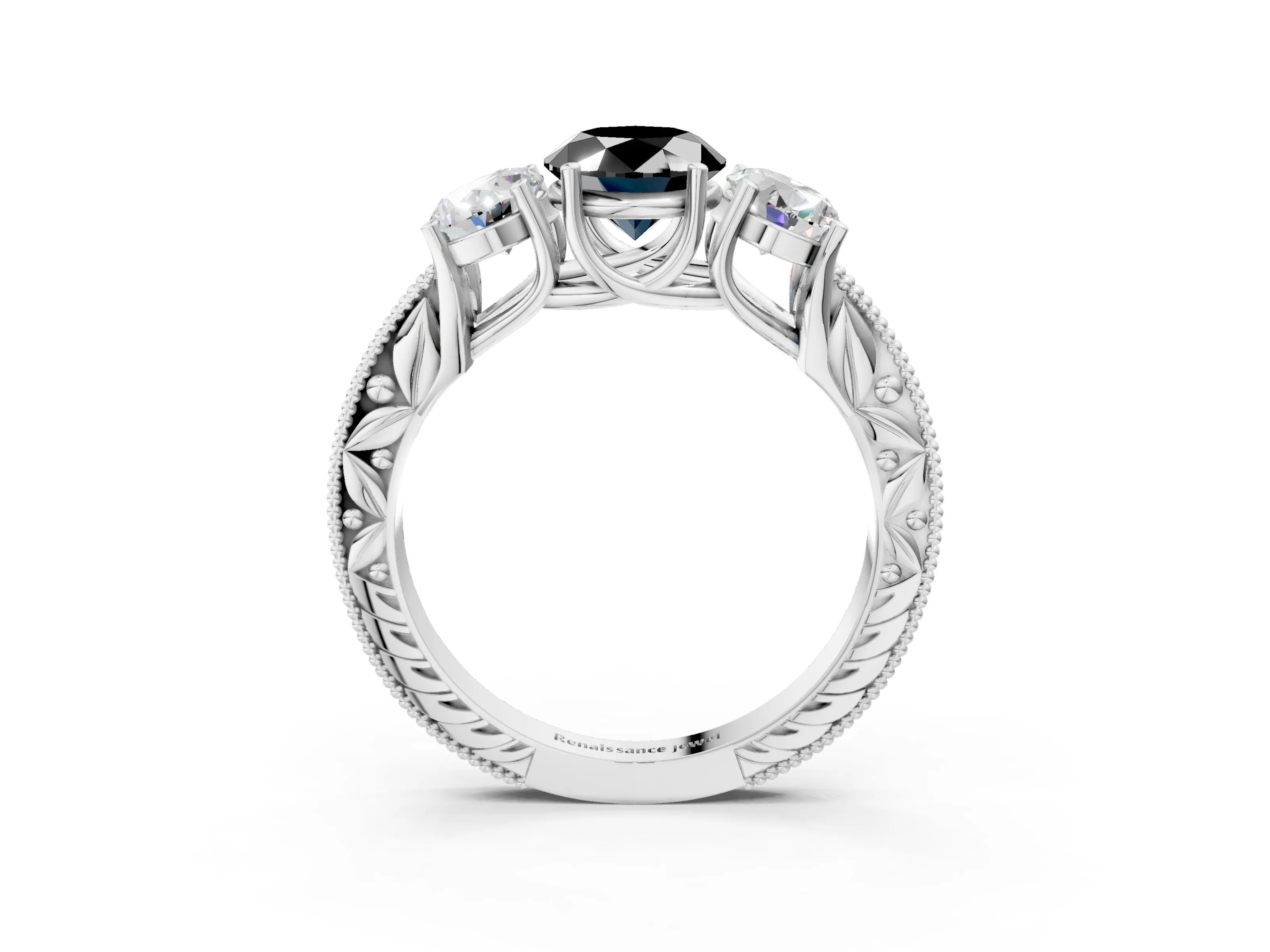 White gold Three-Stone Fancy Black Oval Cut Cut Milgrain Pavé Engagement Ring_27