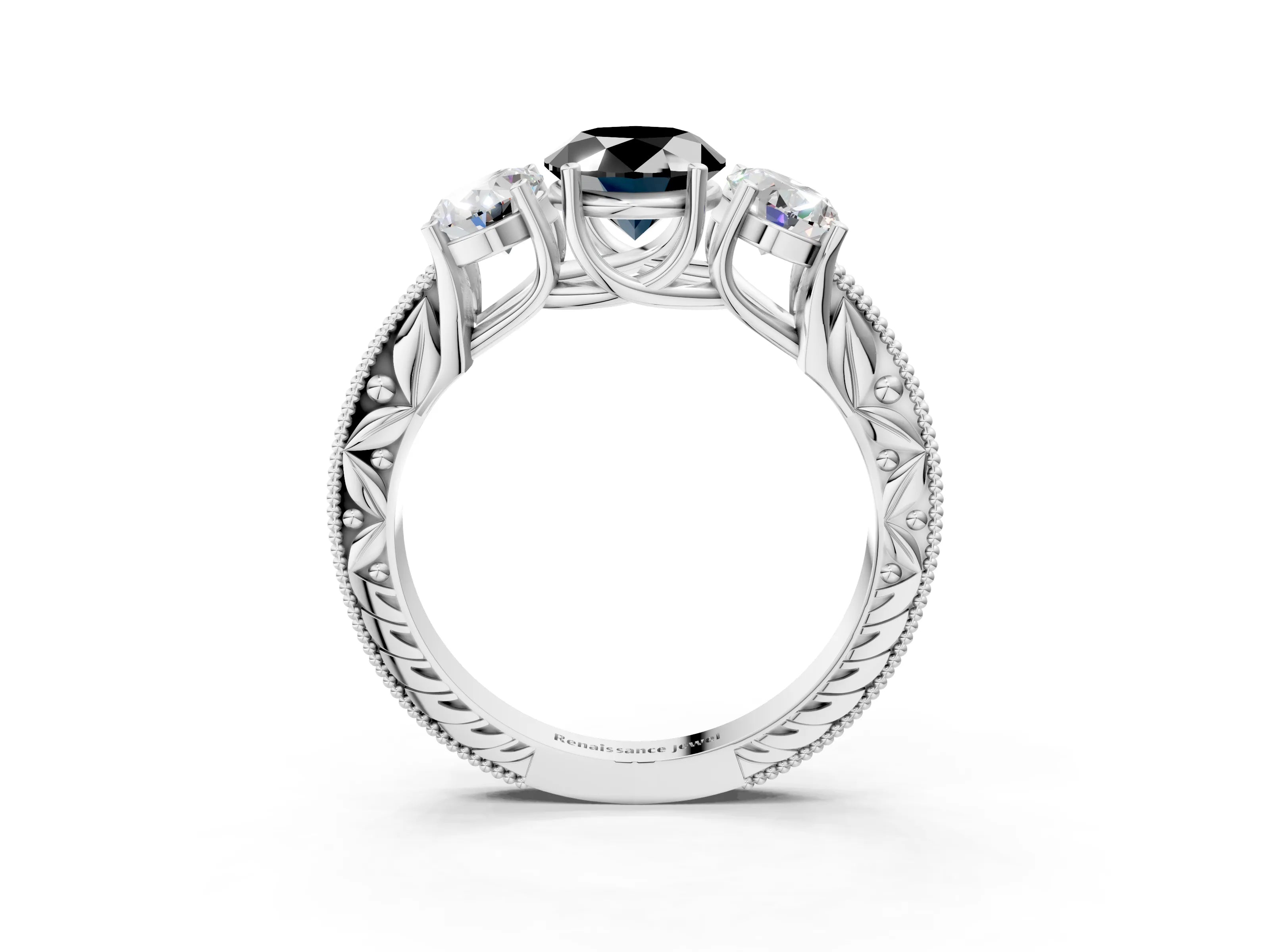 White gold Three-Stone Fancy Black Oval Cut Cut Milgrain Pavé Engagement Ring_3