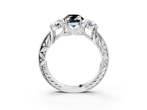 White gold Three-Stone Fancy Black Oval Cut Cut Milgrain Pavé Engagement Ring_3