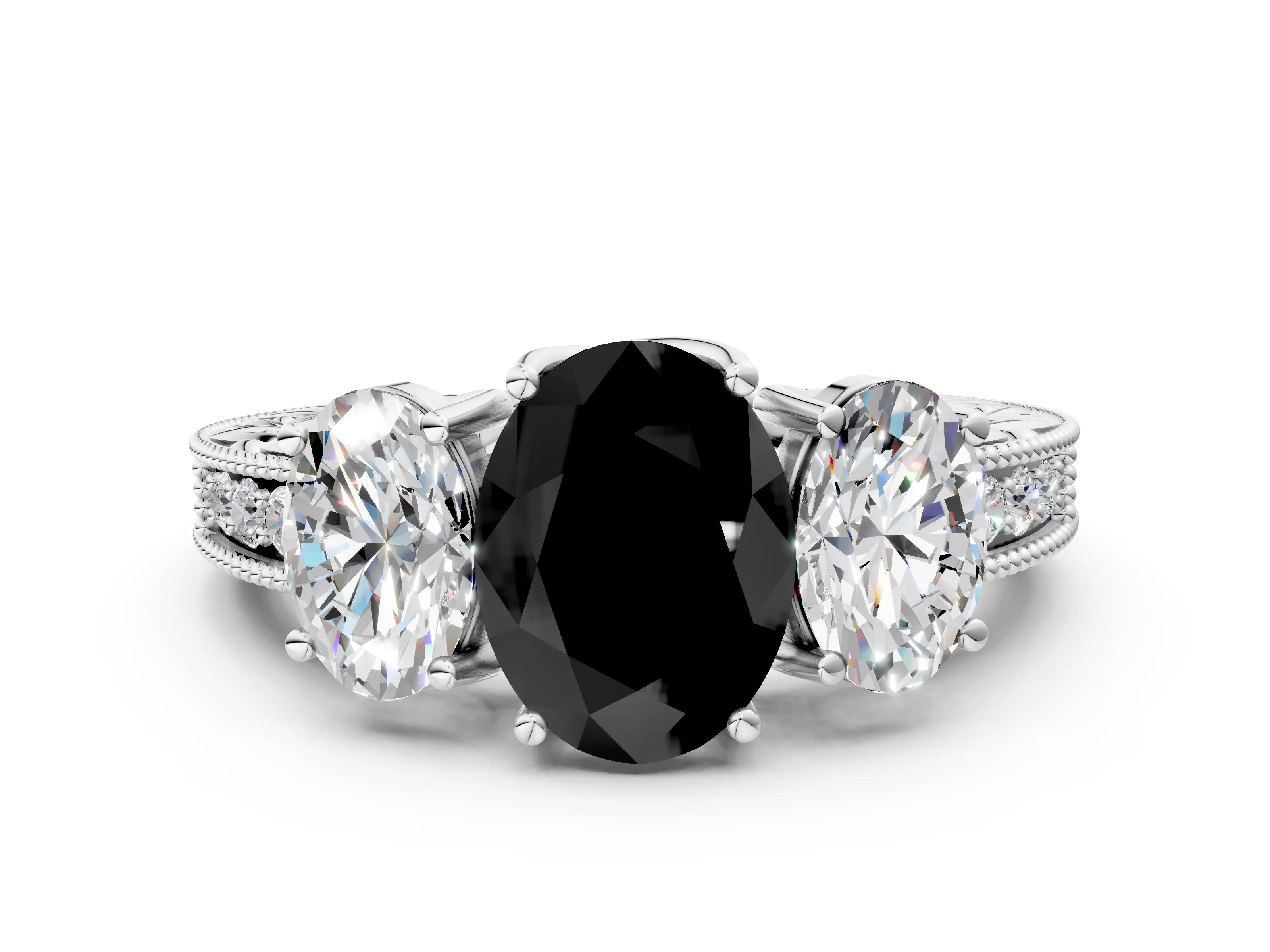 White gold Three-Stone Fancy Black Oval Cut Cut Milgrain Pavé Engagement Ring