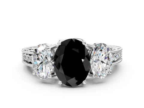 White gold Three-Stone Fancy Black Oval Cut Cut Milgrain Pavé Engagement Ring