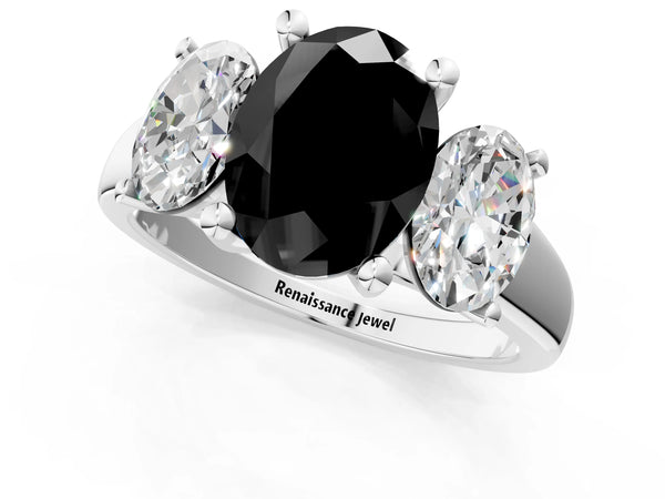 Platinum Oval Three Stone Engagement Ring Setting for Black Center with Wide Tapered Shoulders