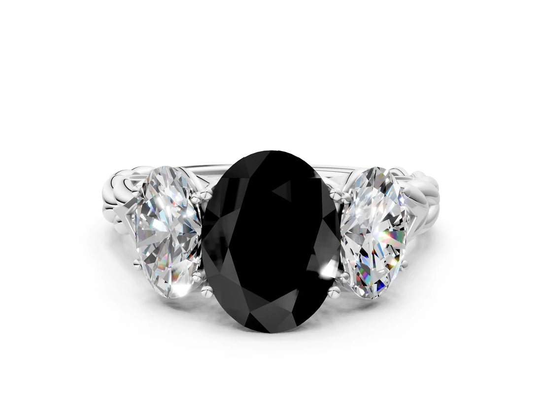 White gold Three-Stone Fancy Black Oval Cut Diamond Braided Band Ring with Four-Prong Setting_12