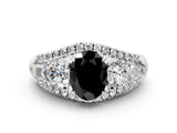White gold Three-Stone Fancy Black Oval Cut Diamond Engagement Ring with Pave Band and Prong Setting_12