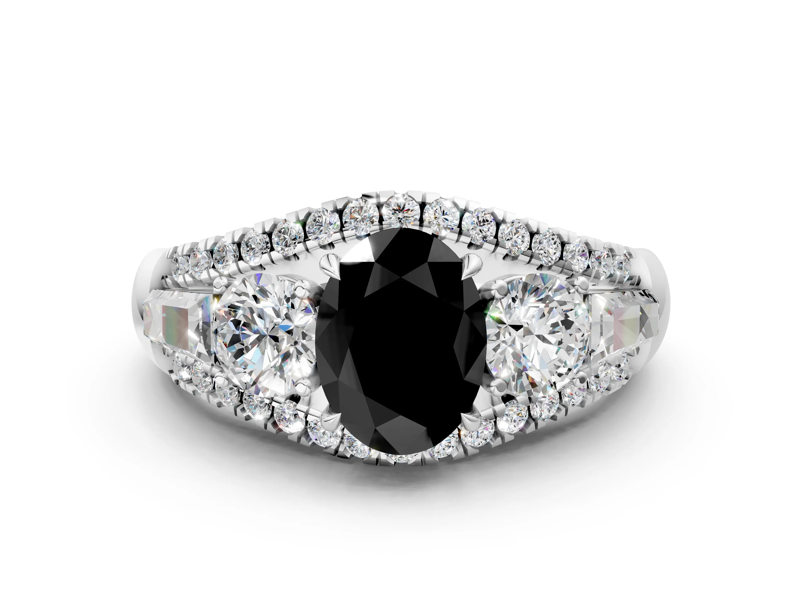 White gold Three-Stone Fancy Black Oval Cut Diamond Engagement Ring with Pave Band and Prong Setting_12