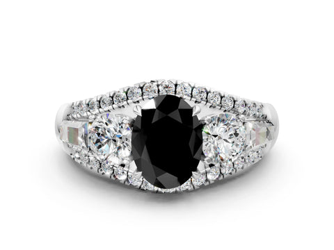 White gold Three-Stone Fancy Black Oval Cut Diamond Engagement Ring with Pave Band and Prong Setting_12