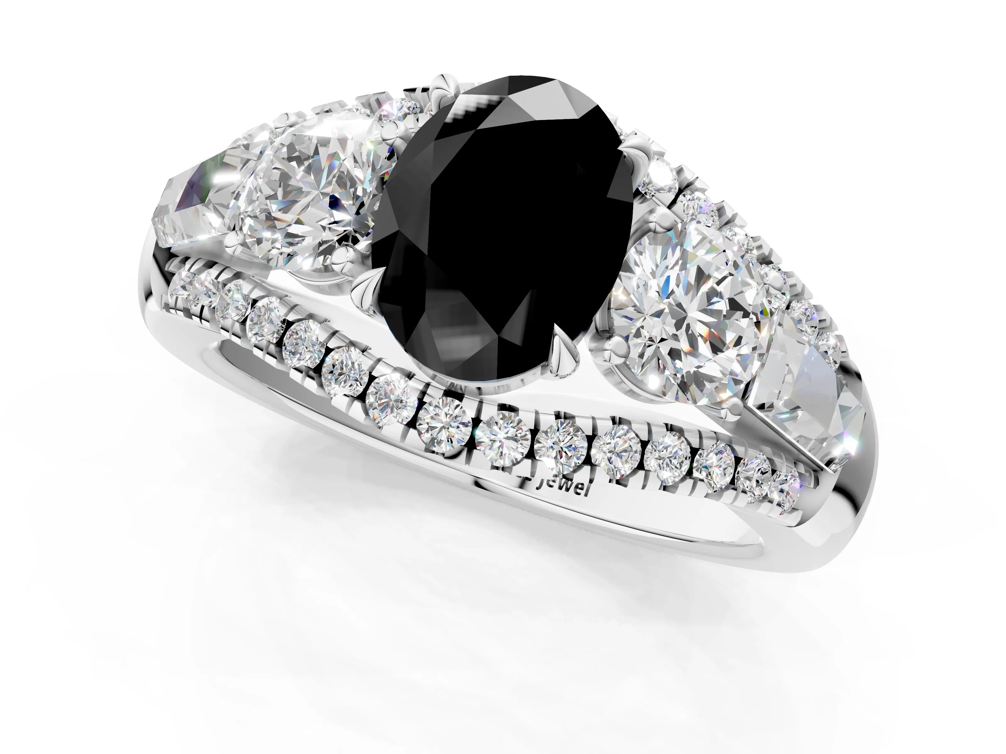 White gold Three-Stone Fancy Black Oval Cut Diamond Engagement Ring with Pave Band and Prong Setting_13