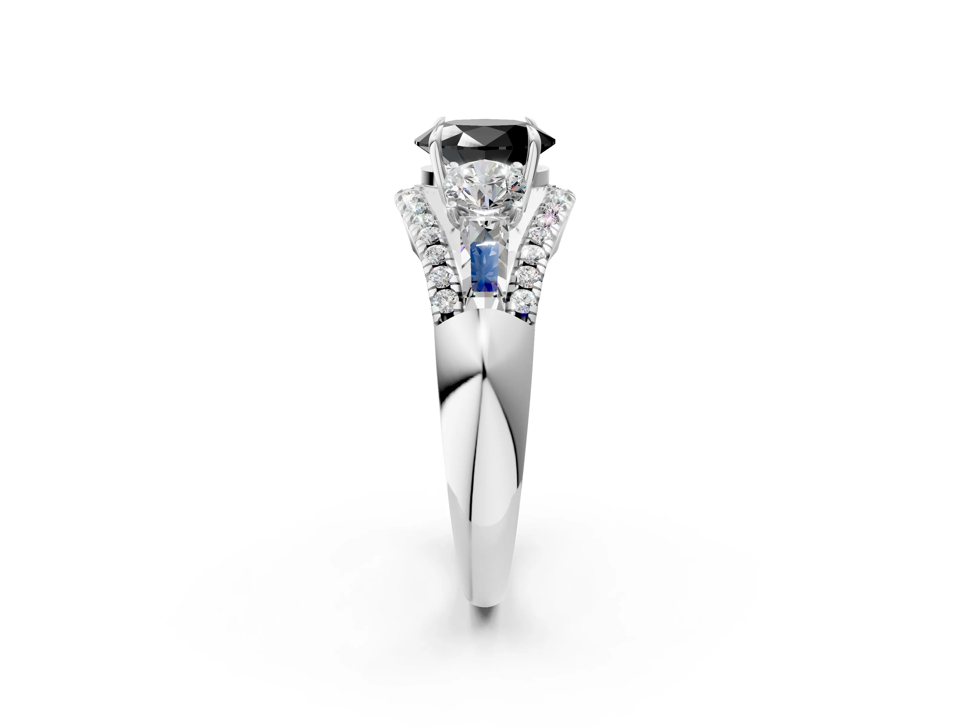 White gold Three-Stone Fancy Black Oval Cut Diamond Engagement Ring with Pave Band and Prong Setting_14