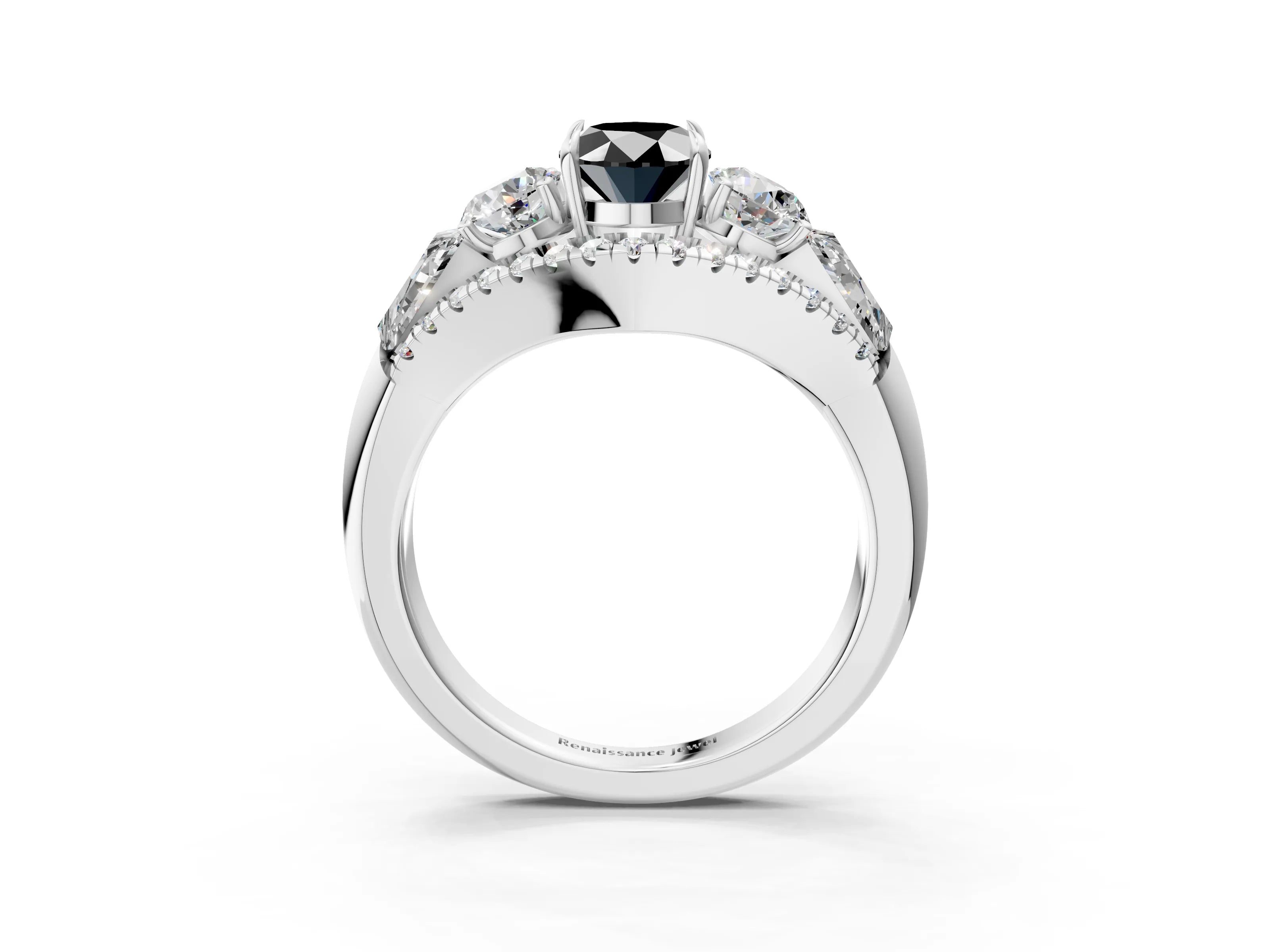 White gold Three-Stone Fancy Black Oval Cut Diamond Engagement Ring with Pave Band and Prong Setting_15
