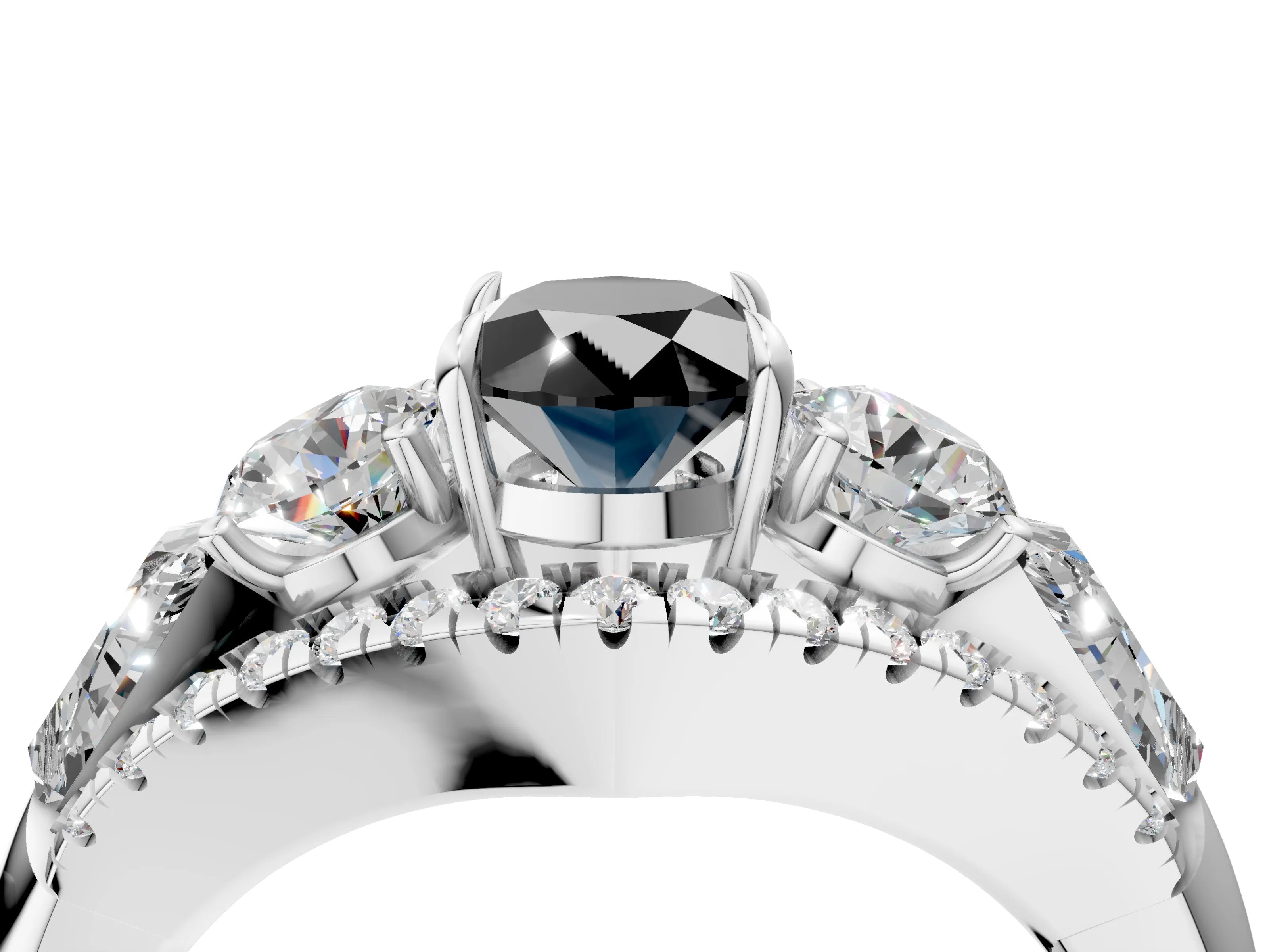 White gold Three-Stone Fancy Black Oval Cut Diamond Engagement Ring with Pave Band and Prong Setting_16
