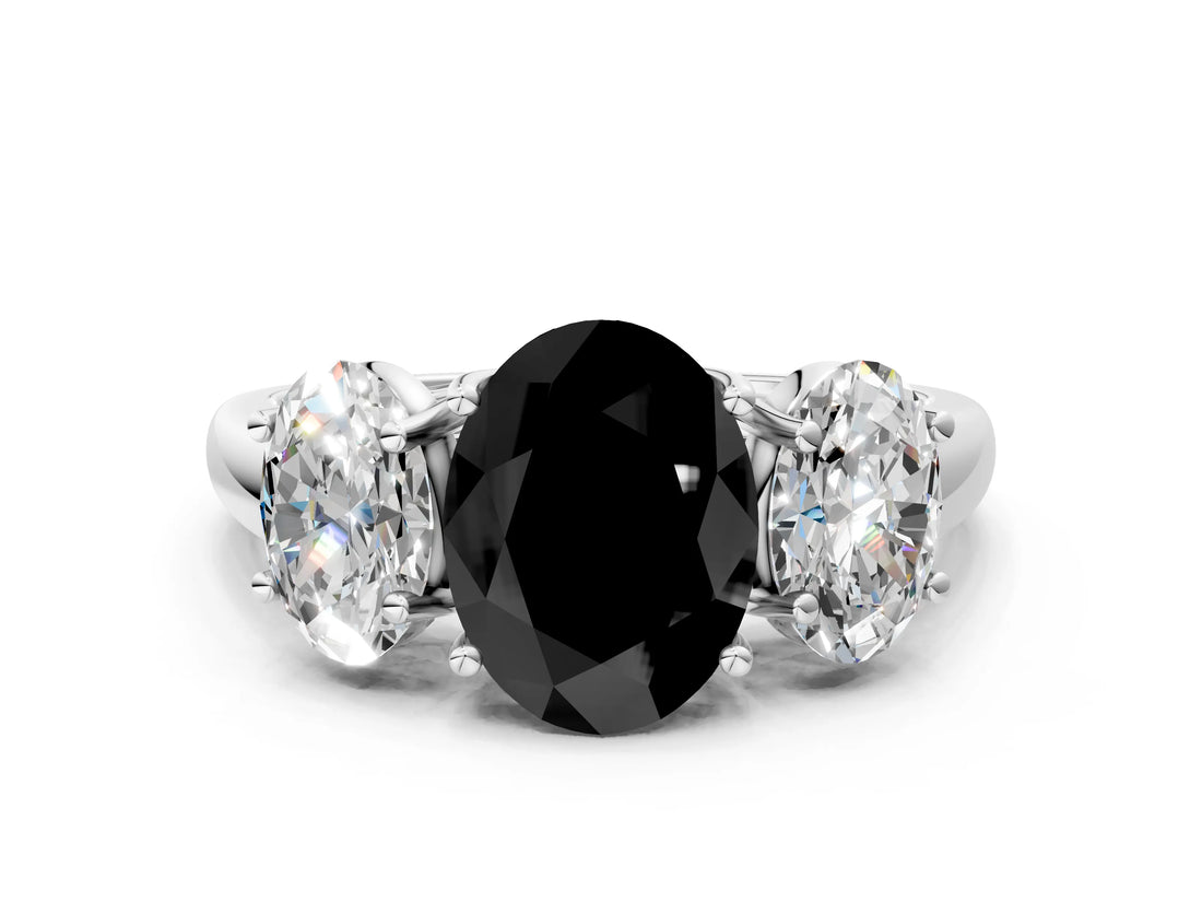 White gold Three-Stone Fancy Black Oval Cut Diamond Engagement Ring with Prong Setting_15
