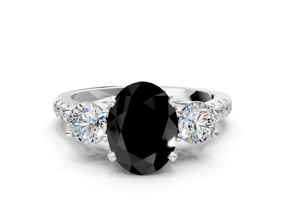 White gold Three-Stone Fancy Black Oval Cut Diamond Pavé Band with Four-Prong Setting