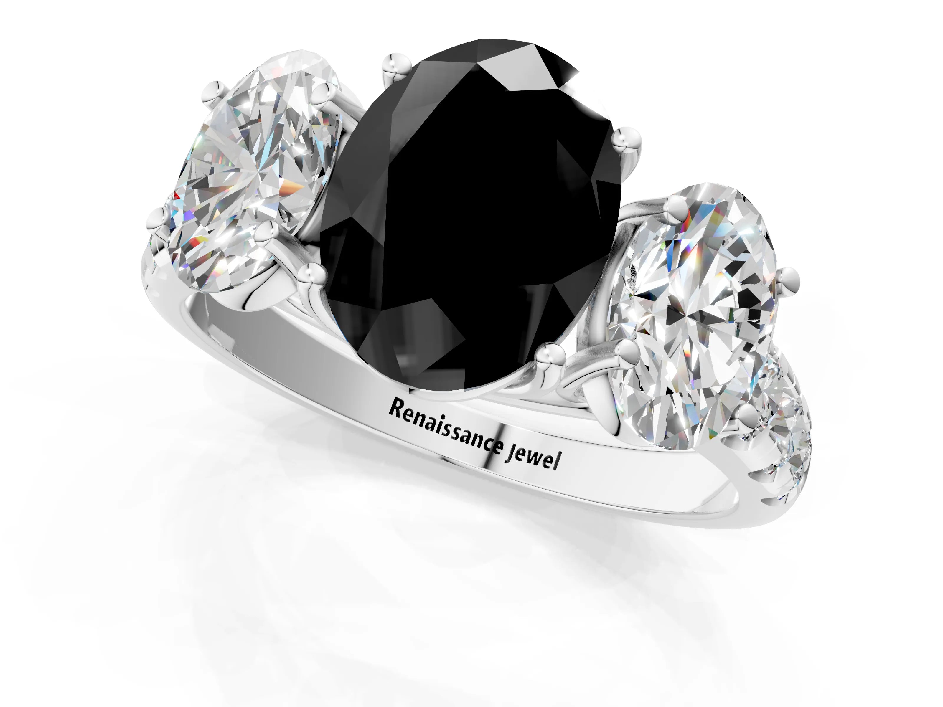 White gold Three-Stone Fancy Black Oval Cut Diamond Pavé Band with Prong Setting_13