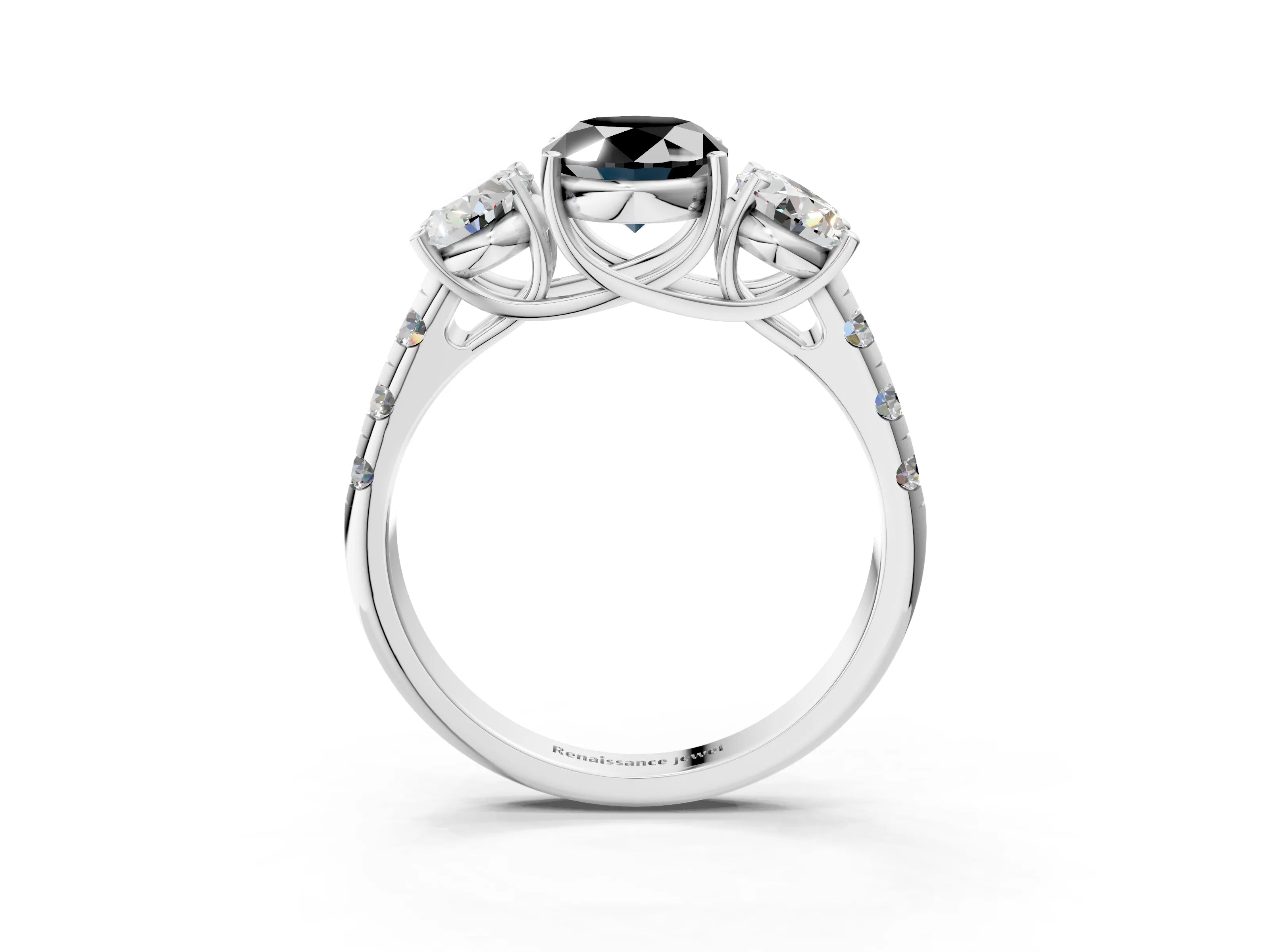 White gold Three-Stone Fancy Black Oval Cut Diamond Pavé Band with Prong Setting_15