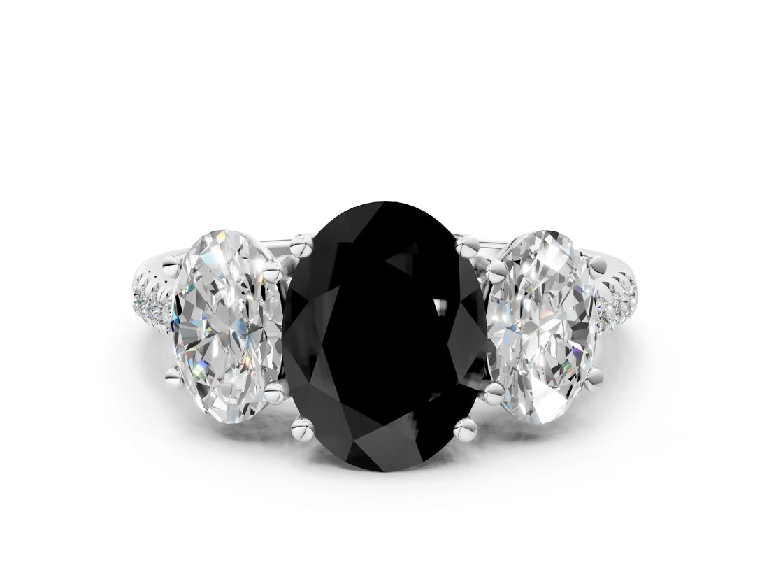 White gold Three-Stone Fancy Black Oval Cut Diamond Ring with Pavé Band and Prong Setting_60