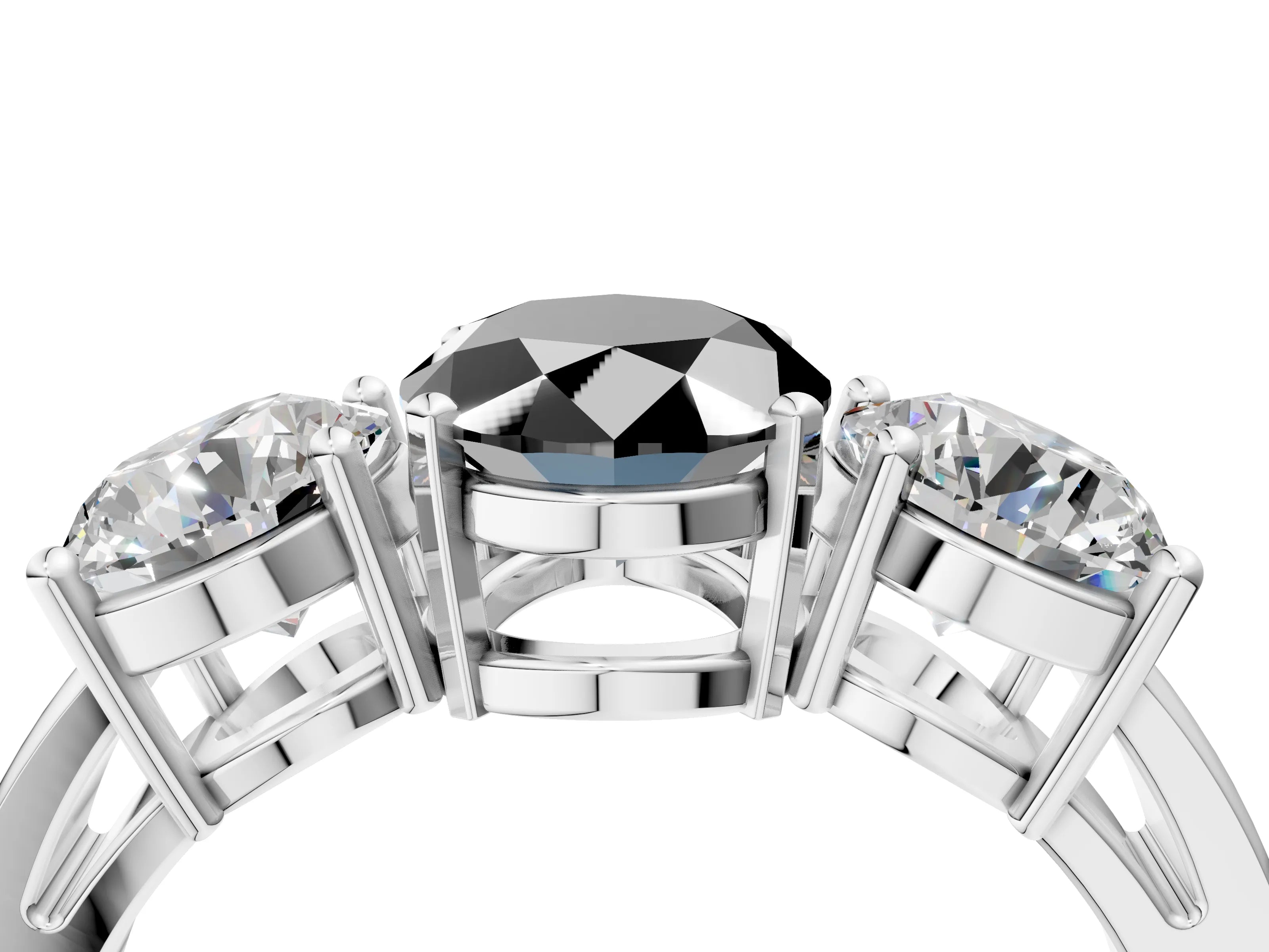 White gold Three-Stone Fancy Black Oval Cut Diamond Ring with Round Side Stones, Classic Band, and Four-Prong Setting_46