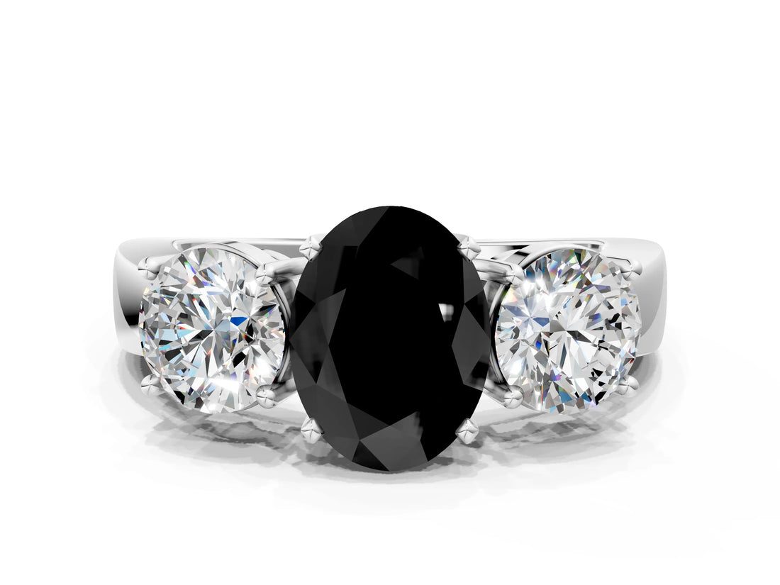 White gold Three-Stone Fancy Black Oval Cut Diamond Ring with Round Side Stones, Classic Band, and Four-Prong Setting_48
