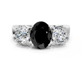 White gold Three-Stone Fancy Black Oval Cut Diamond Ring with Round Side Stones, Classic Band, and Four-Prong Setting_48
