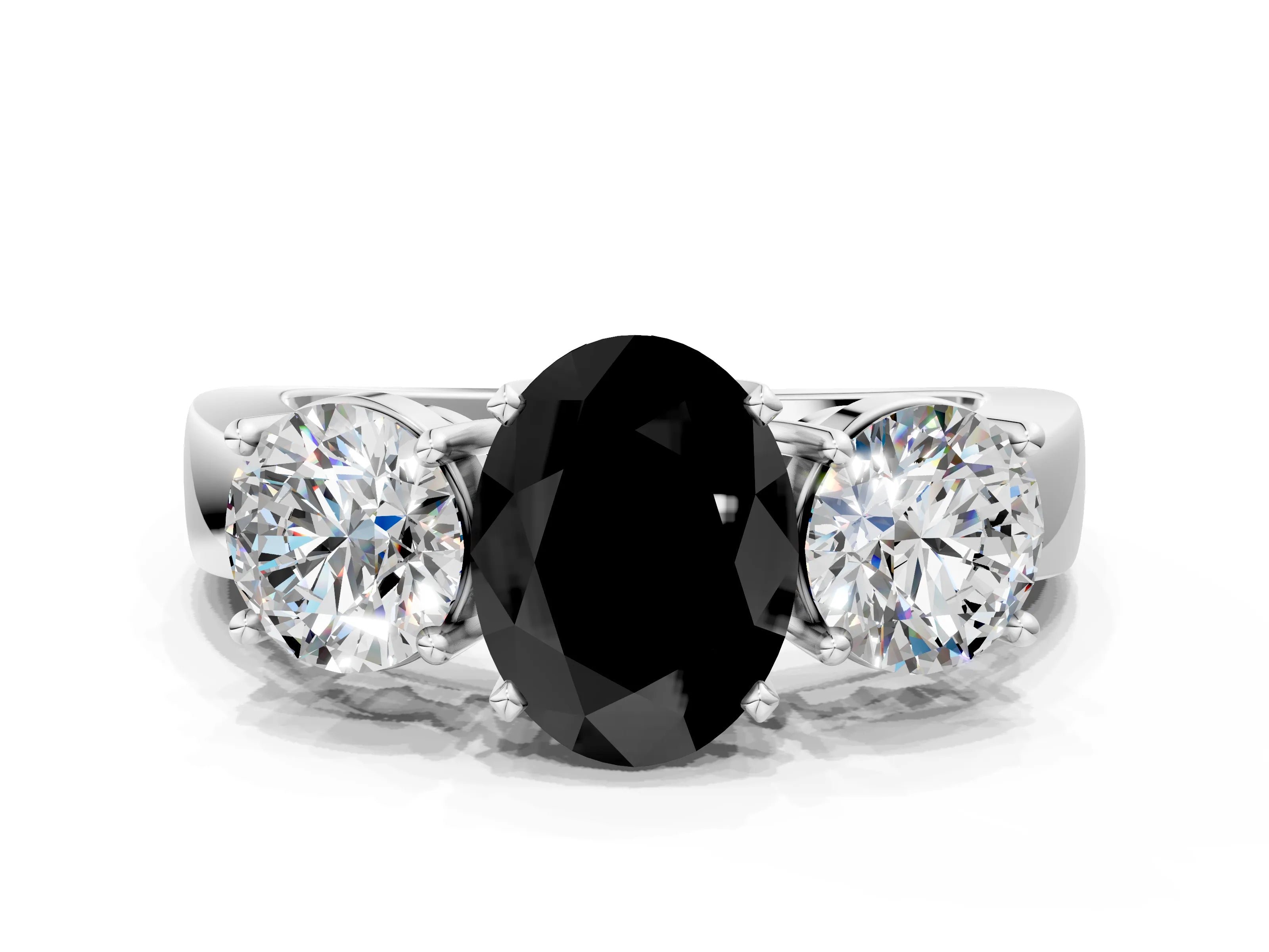 White gold Three-Stone Fancy Black Oval Cut Diamond Ring with Round Side Stones, Classic Band, and Four-Prong Setting_48