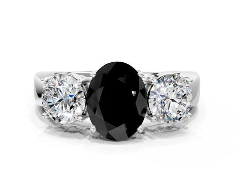 White gold Three-Stone Fancy Black Oval Cut Diamond Ring with Round Side Stones, Classic Band, and Four-Prong Setting_48