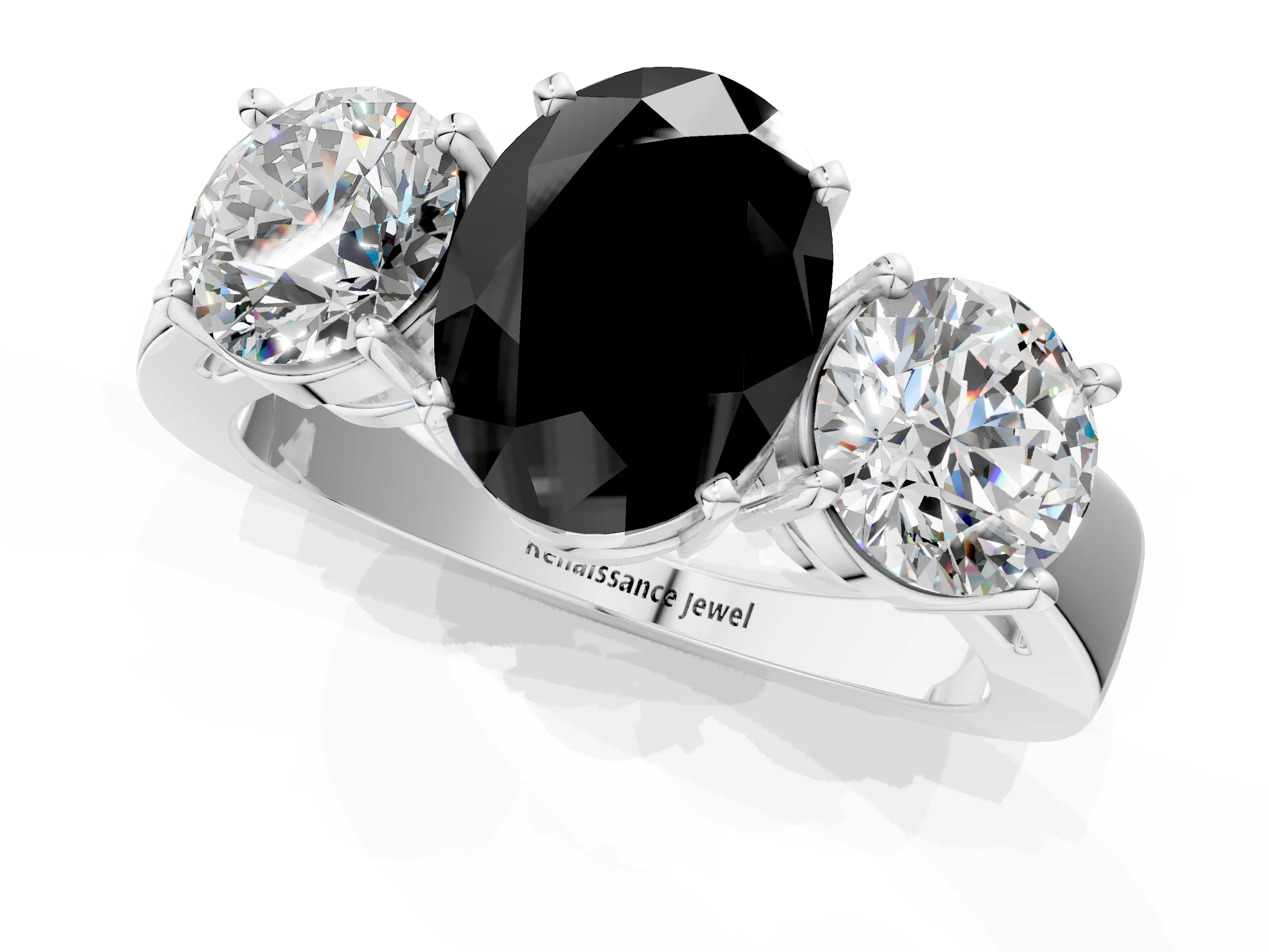 White gold Three-Stone Fancy Black Oval Cut Diamond Ring with Round Side Stones, Classic Band, and Four-Prong Setting_49