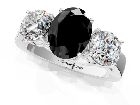 White gold Three-Stone Fancy Black Oval Cut Diamond Ring with Round Side Stones, Classic Band, and Four-Prong Setting_49