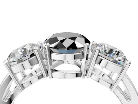White gold Three-Stone Fancy Black Oval Cut Diamond Ring with Round Side Stones, Classic Band, and Four-Prong Setting_52